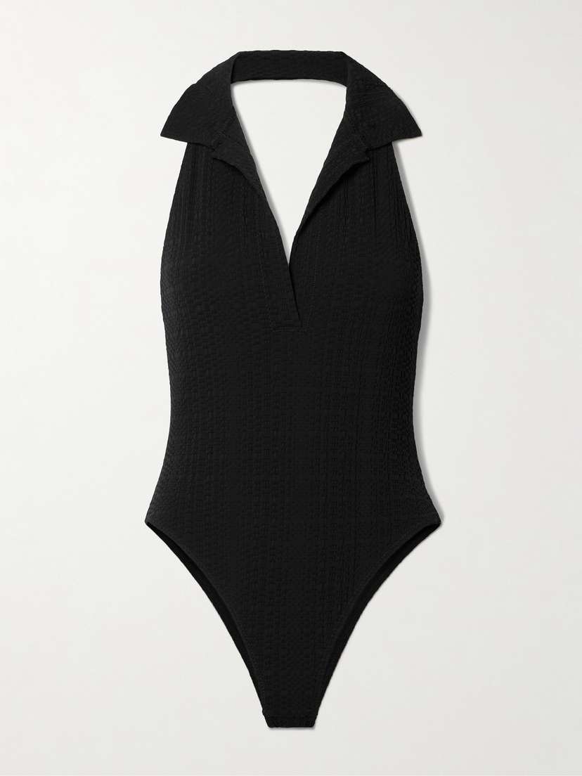 Lisa Marie Fernandez + Net Sustain Polo Seersucker Halterneck Swimsuit