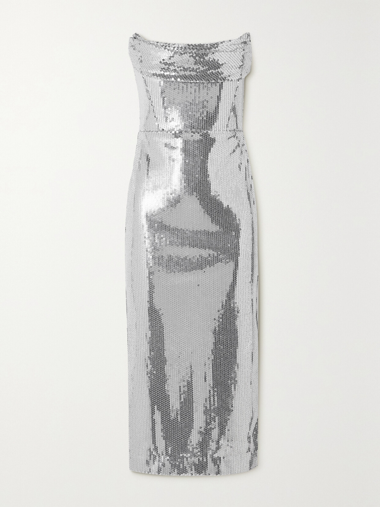 Shop Alex Perry Strapless Draped Sequined Tulle Midi Dress In Silver