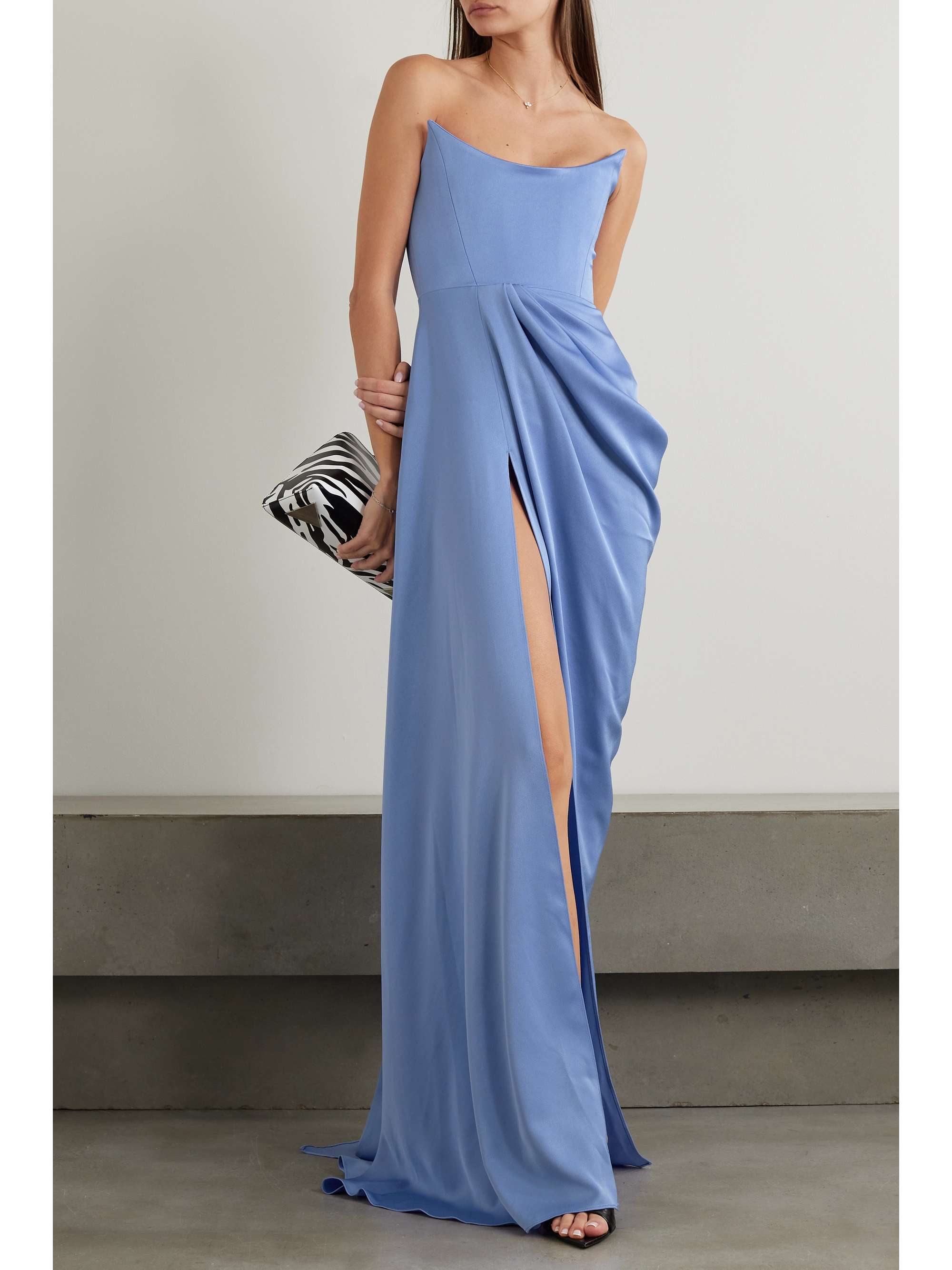 Strapless draped satin-crepe gown