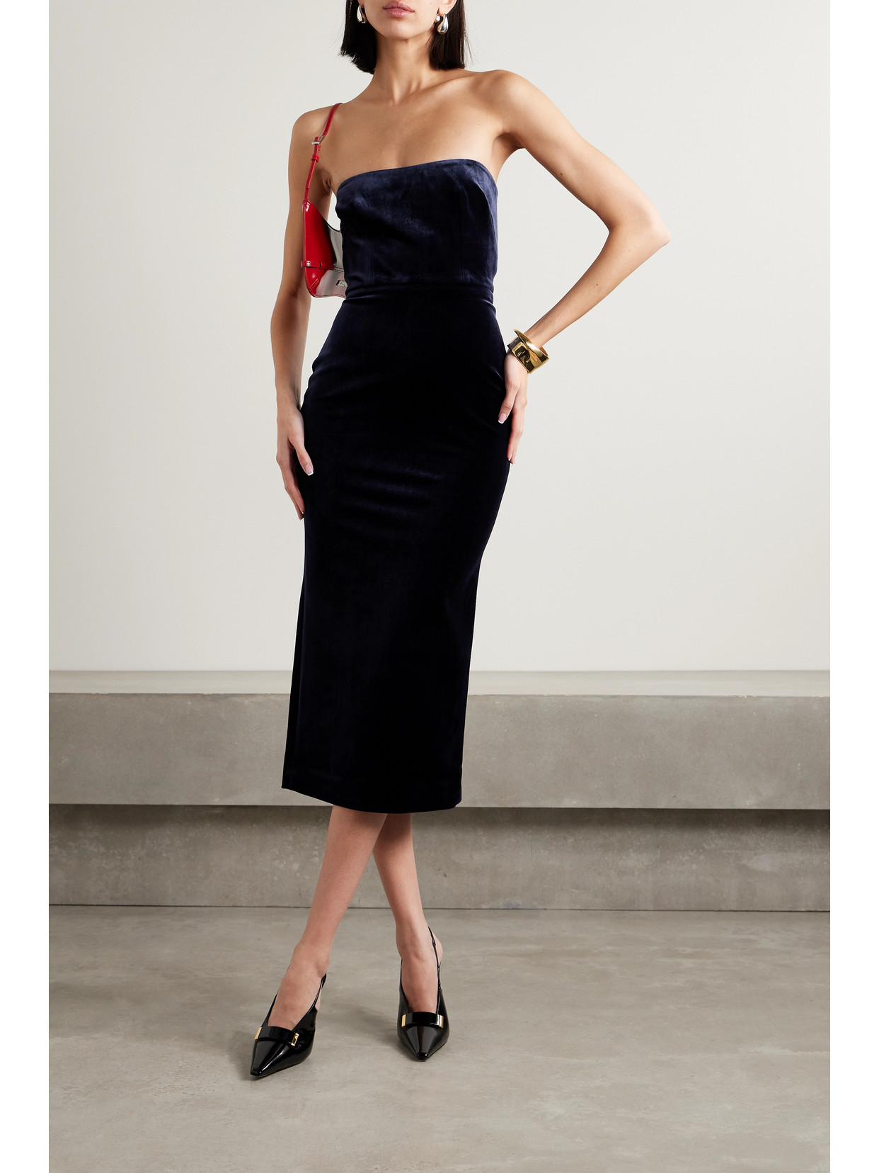 Shop Alex Perry Strapless Velvet Midi Dress In Blue