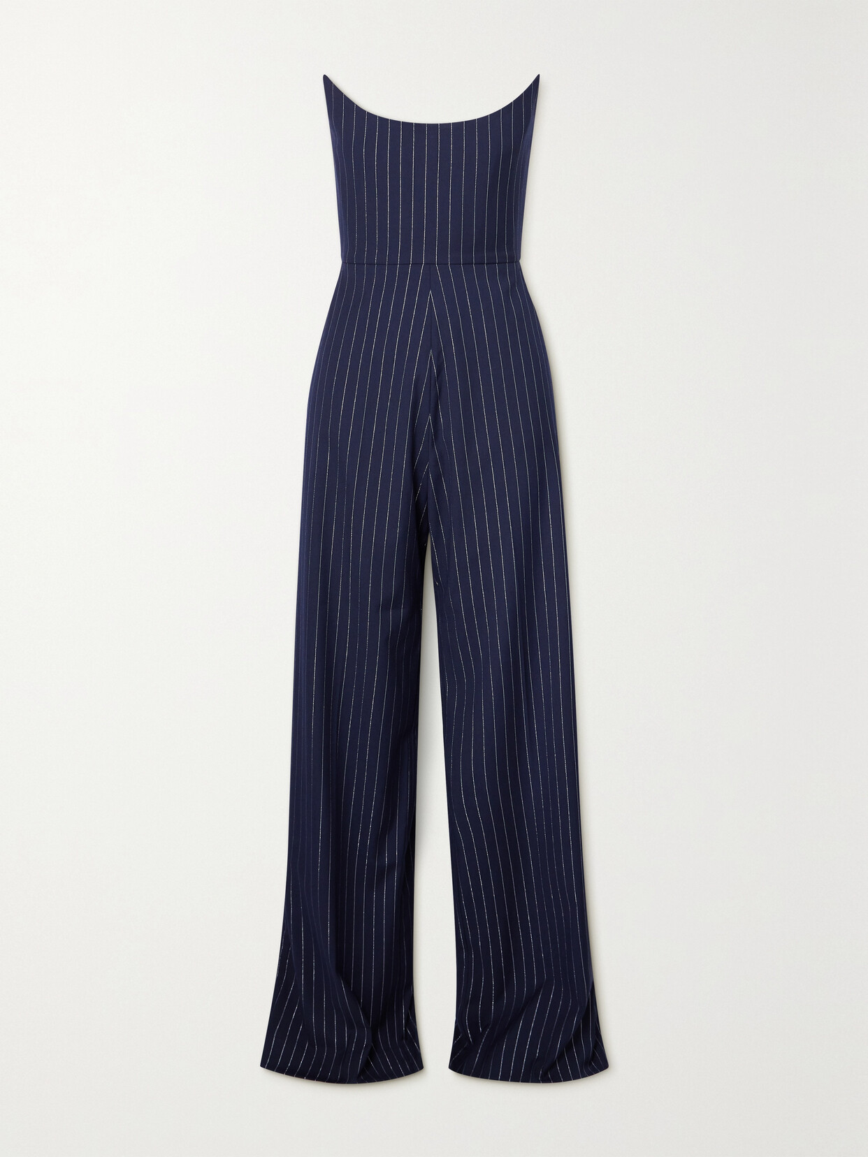 Alex Perry Strapless Pinstriped Metallic Twill Jumpsuit In Blue