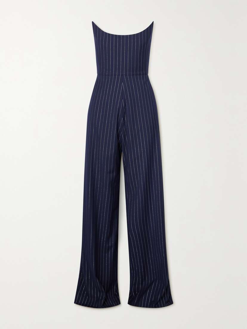 Alex Perry Strapless Pinstriped Metallic Twill Jumpsuit - UK 16