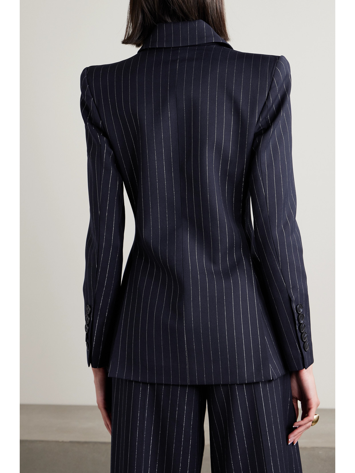 Shop Alex Perry Double-breasted Metallic Pinstriped Twill Blazer In Blue