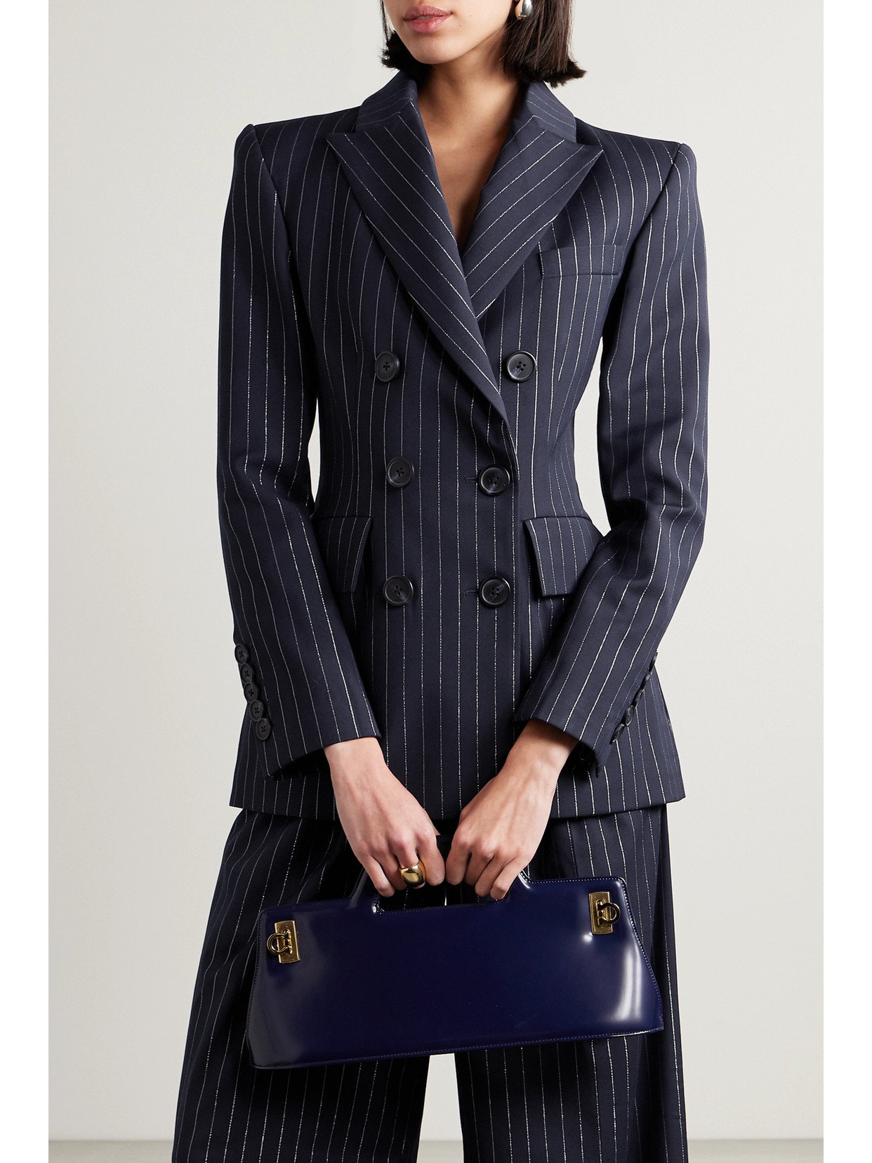 Shop Alex Perry Double-breasted Metallic Pinstriped Twill Blazer In Blue