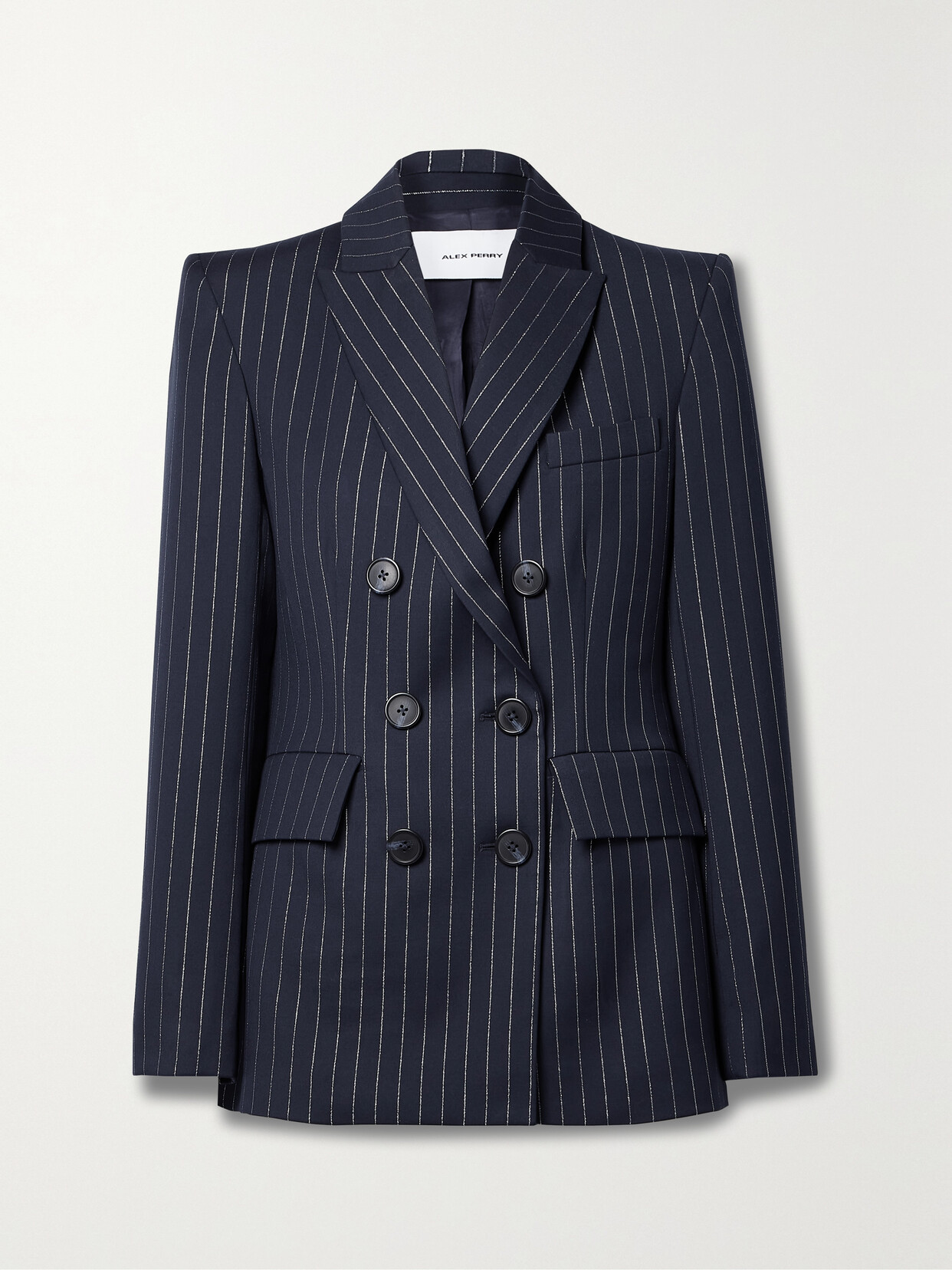 Shop Alex Perry Double-breasted Metallic Pinstriped Twill Blazer In Blue