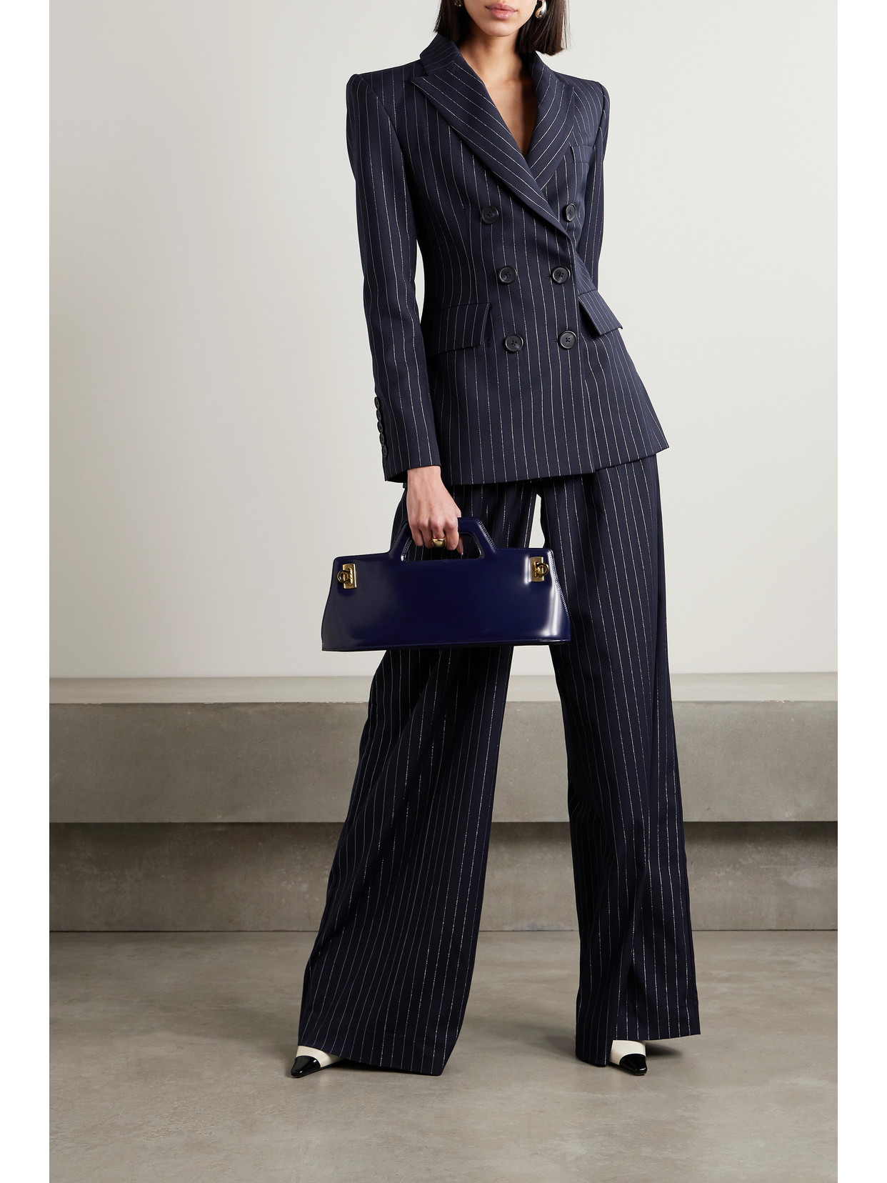 Shop Alex Perry Double-breasted Metallic Pinstriped Twill Blazer In Blue