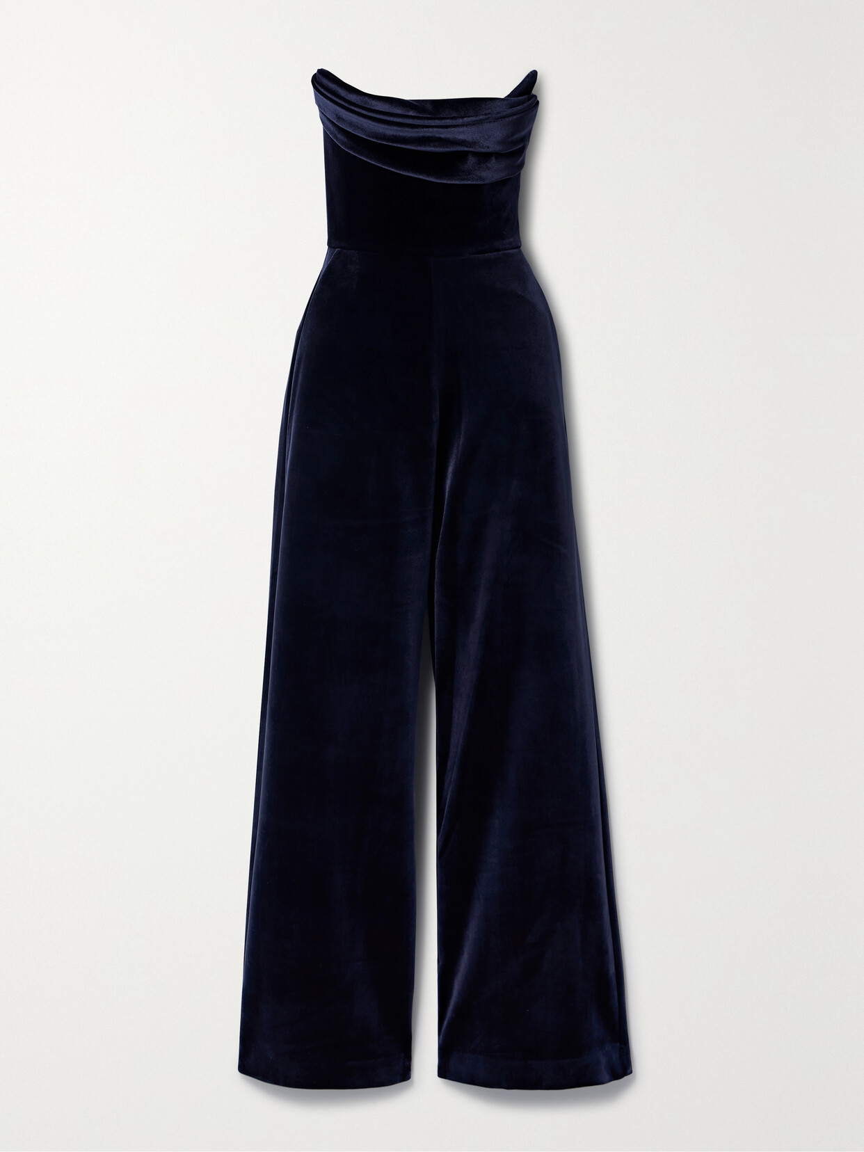 Alex Perry Strapless Draped Velvet Jumpsuit In Blue