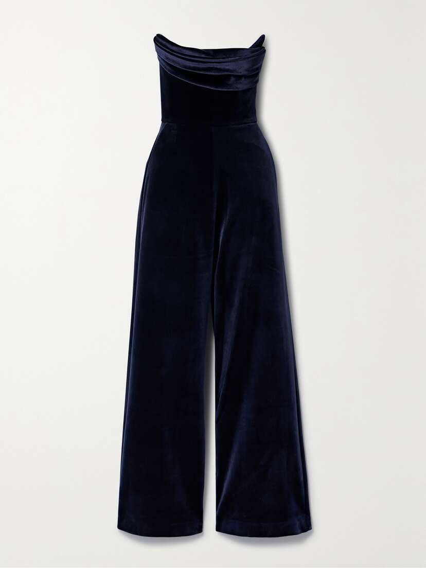 Alex Perry Strapless Draped Velvet Jumpsuit