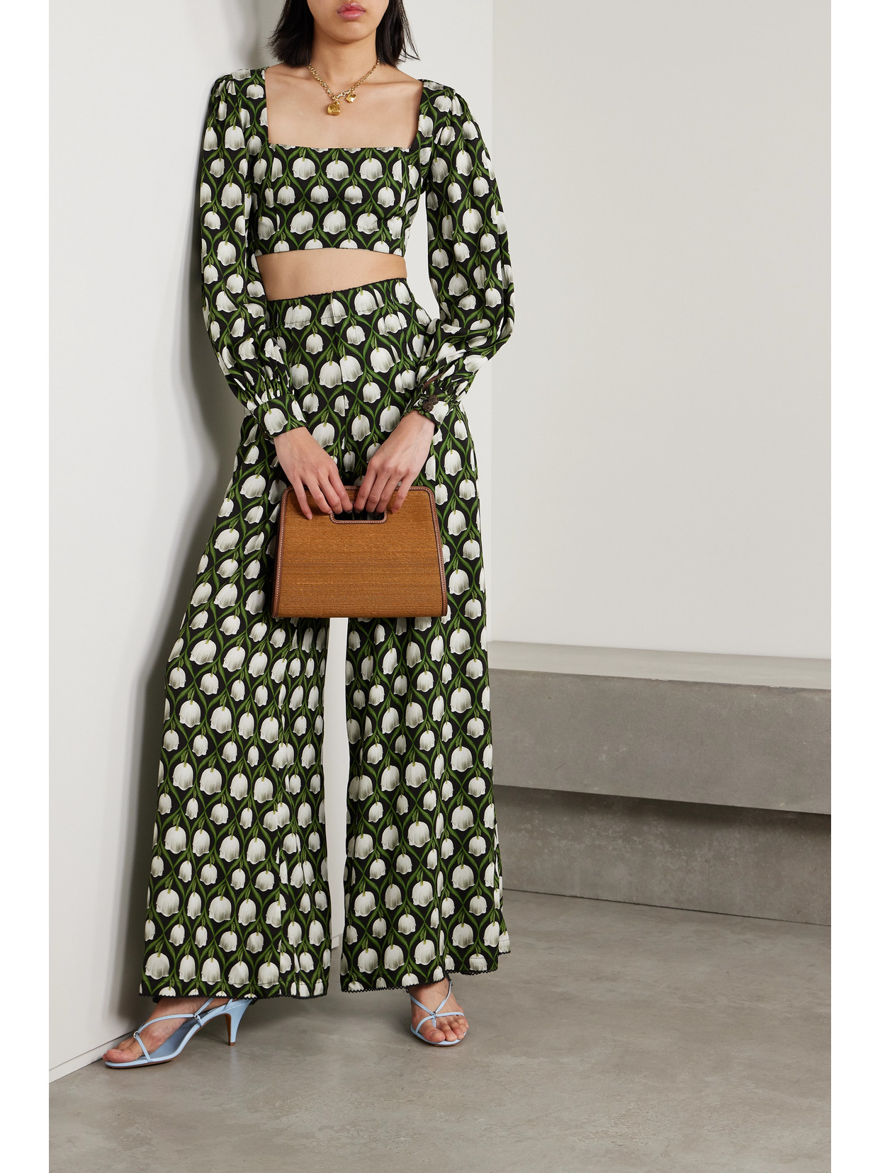 Agua By Agua Bendita Pera Cropped Floral-print Twill Top In Green