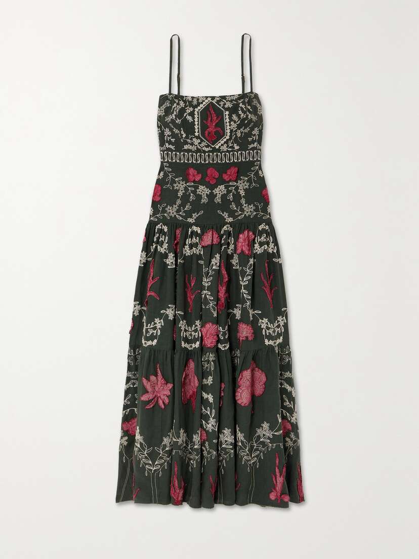 Agua by Agua Bendita + Net Sustain Lima Encaje Tiered Appliquéd Embroidered Linen Maxi Dress