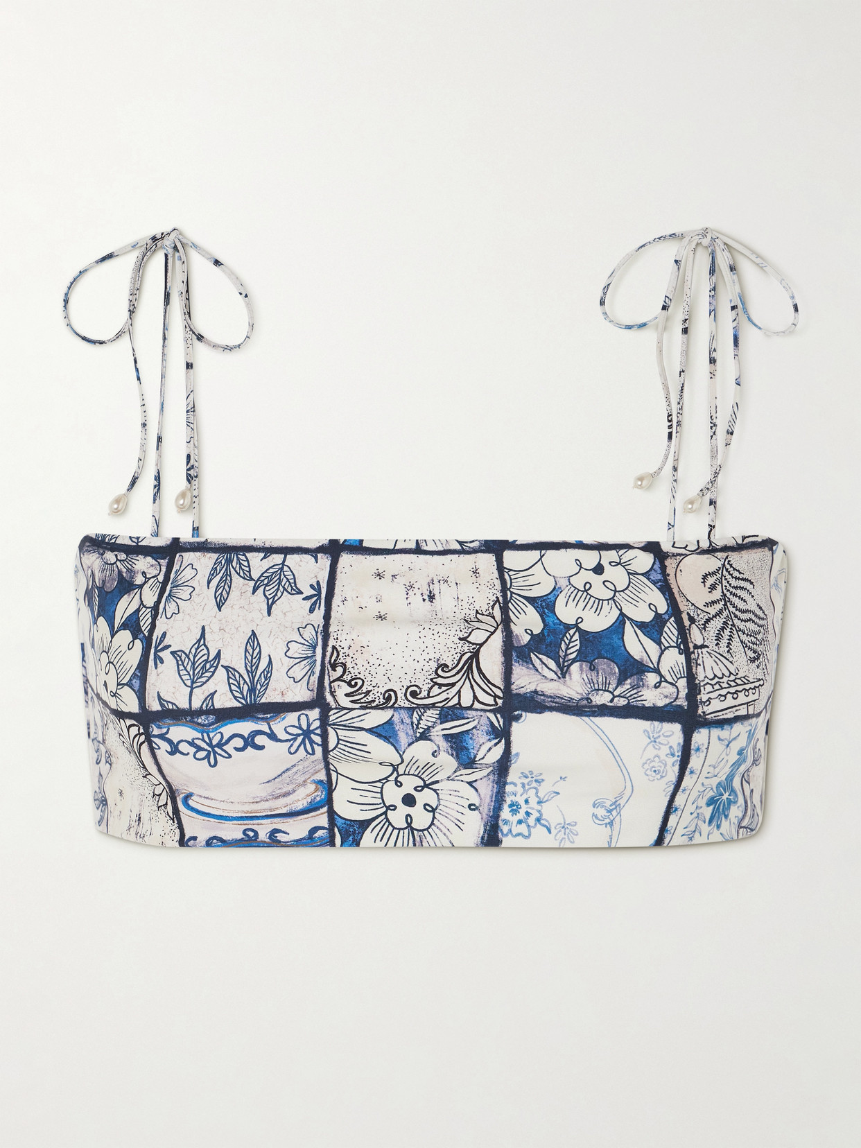 Agua By Agua Bendita + Net Sustain Primavera Faux Pearl-embellished Floral-print Recycled Bikini Top In Blue