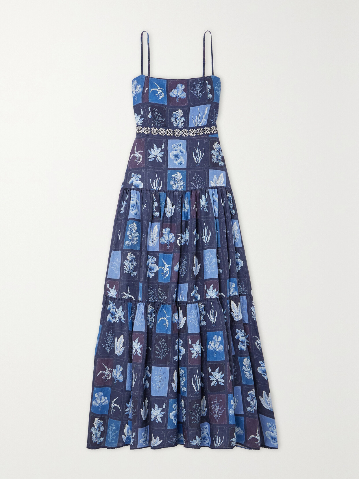 Shop Agua By Agua Bendita + Net Sustain Lima Tiered Embellished Embroidered Printed Linen Maxi Dress In Blue