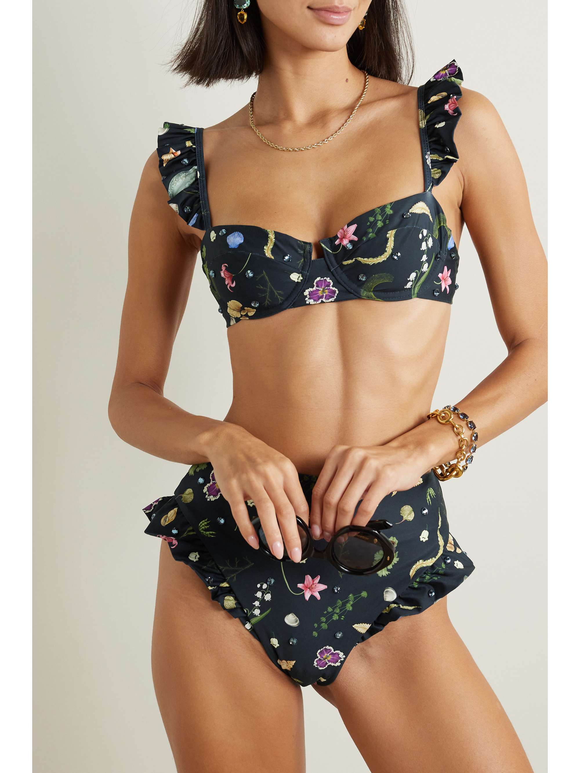 AGUA BY AGUA BENDITA + NET SUSTAIN Kiwi Tesoro embellished ruffled printed recycled  bikini top | NET-A-PORTER