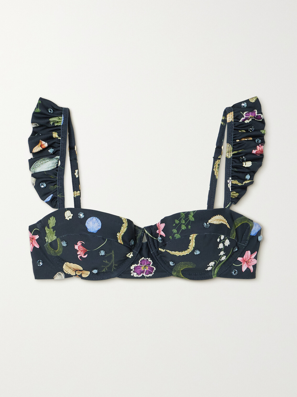 Shop Agua By Agua Bendita + Net Sustain Kiwi Tesoro Embellished Ruffled Printed Recycled Bikini Top In Blue