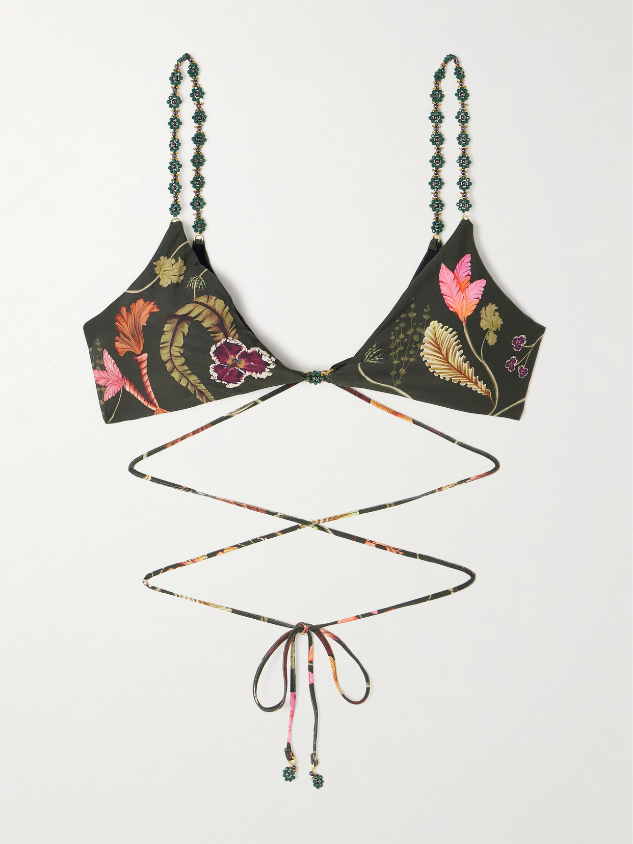 Agua By Agua Bendita + Net Sustain Magia Habitat Embellished Floral-print Recycled Bikini Top In Green