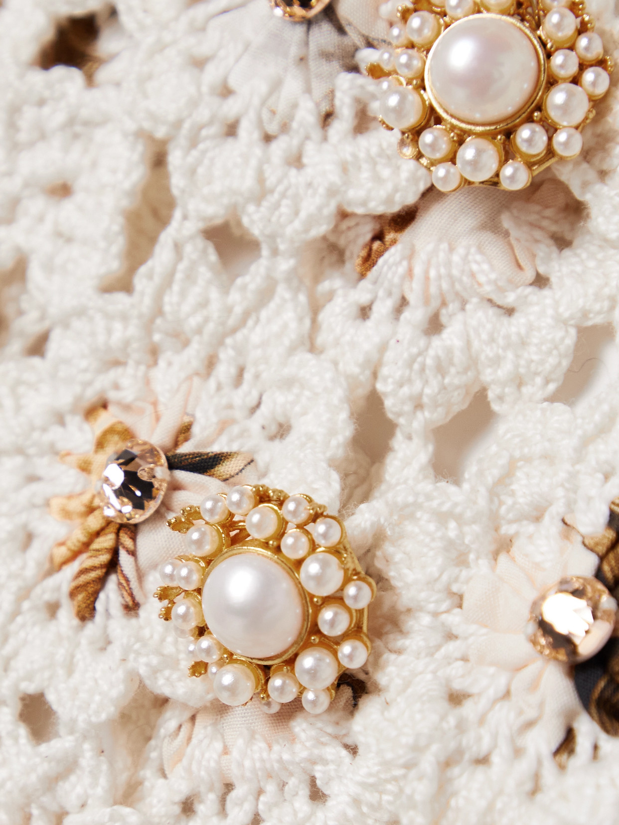 Agua By Agua Bendita + Net Sustain Zilia Caracola Cropped Embellished Printed Crepe And Crocheted Cotton Top In White