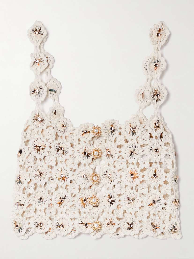 Agua by Agua Bendita + Net Sustain Zilia Caracola Cropped Embellished Printed Crepe And Crocheted Cotton Top