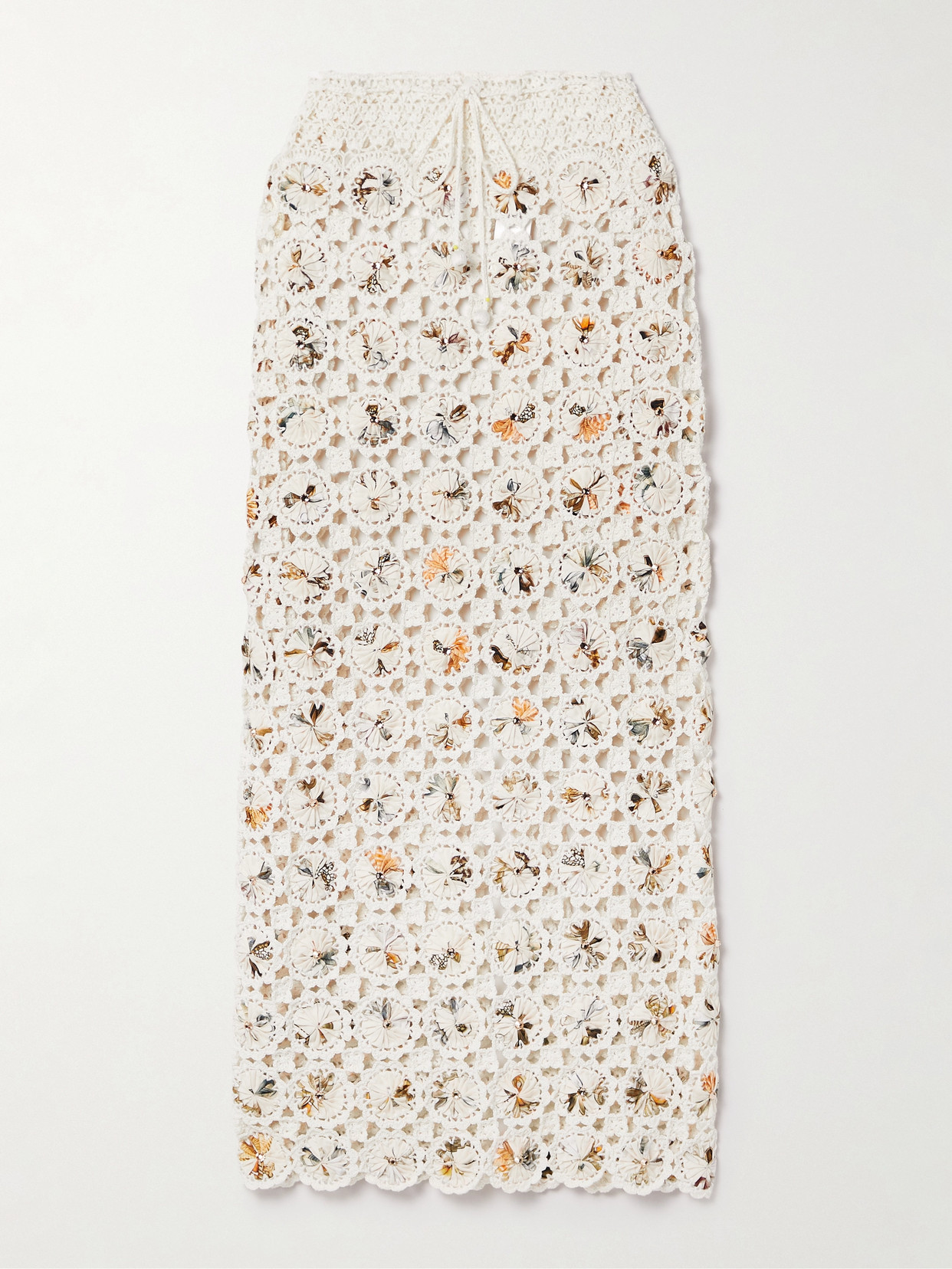 Agua By Agua Bendita + Net Sustain Arroyo Caracola Embellished Printed Crepe And Crocheted Cotton Midi Skirt In White