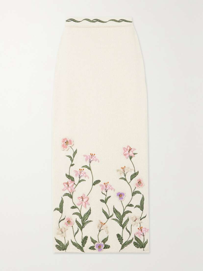 Agua by Agua Bendita + Net Sustain Chlorella Flora Appliquéd Embroidered Cotton-blend Bouclé Midi Skirt