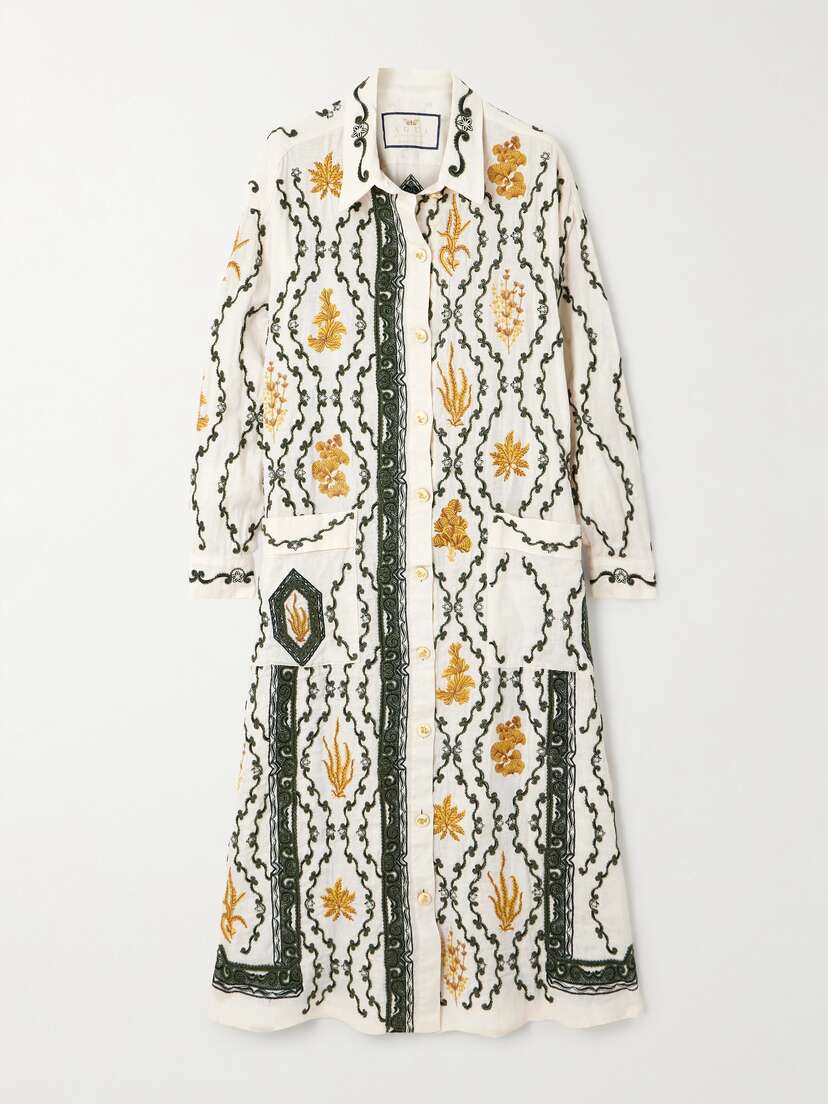 Agua by Agua Bendita + Net Sustain Frida Embellished Embroidered Linen Maxi Shirt Dress - x large
