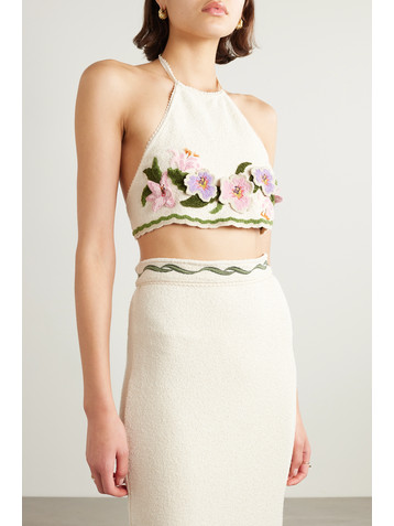 Agua by Agua Bendita + NET SUSTAIN Carlota Flora cropped appliquéd cotton-blend bouclé halterneck top