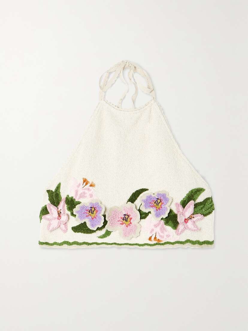 Agua by Agua Bendita + Net Sustain Carlota Flora Cropped Appliquéd Cotton-blend Bouclé Halterneck Top