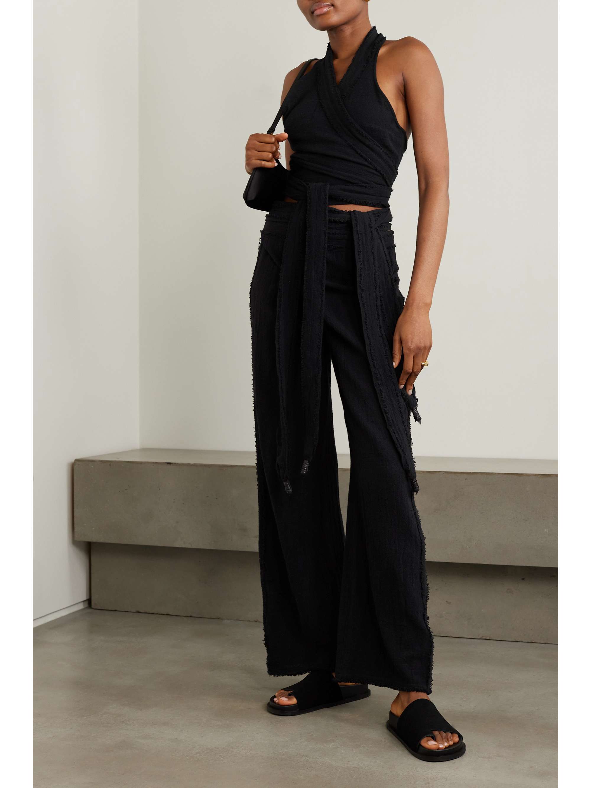 CARAVANA + NET SUSTAIN Lelu frayed cotton-gauze wide-leg pants