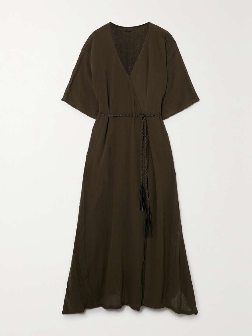 Caravana + Net Sustain Chumuk Leather-trimmed Frayed Cotton-gauze Kaftan