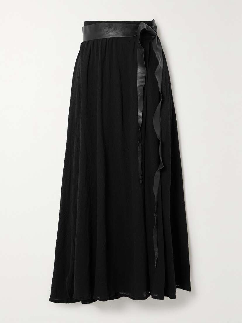 Caravana + Net Sustain Cholul Leather-trimmed Frayed Wrap-effect Cotton-gauze Midi Skirt