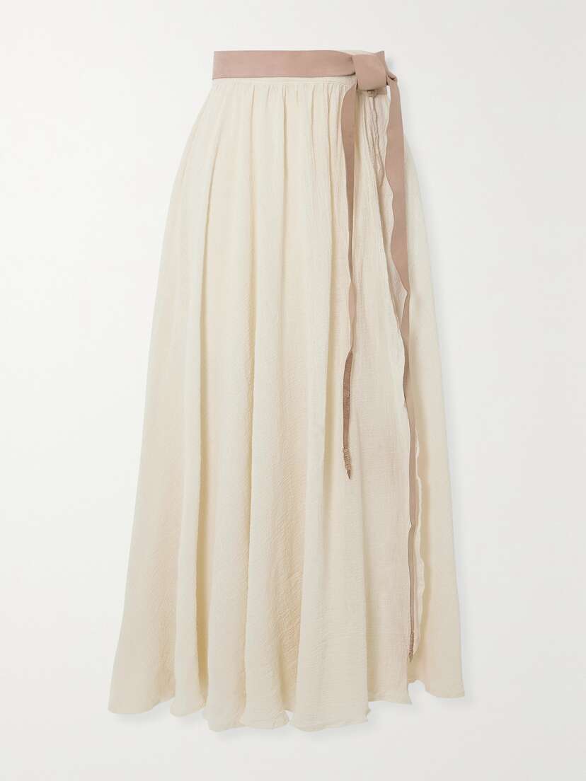 Caravana + Net Sustain Cholul Leather-trimmed Frayed Wrap-effect Cotton-gauze Midi Skirt