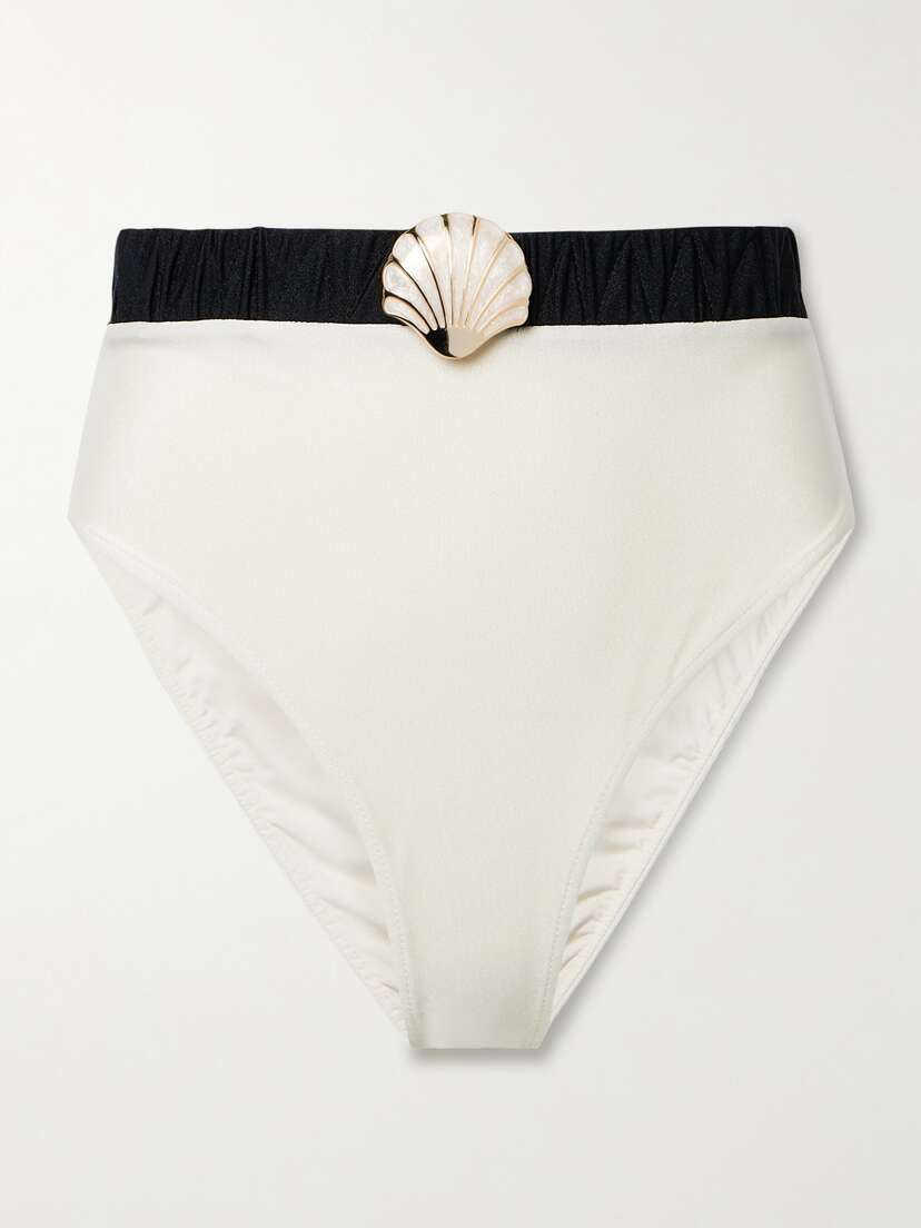 PatBO Seashell Embellished Two-tone Stretch Bikini Briefs