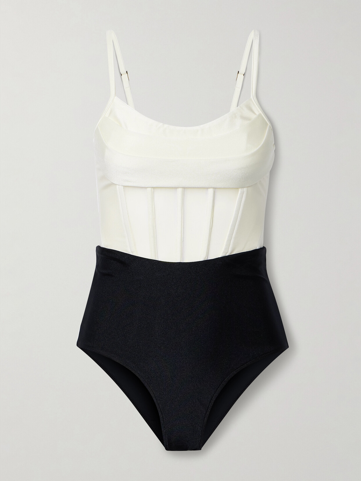 Shop Patbo Draped Paneled Two-tone Stretch And Mesh Swimsuit In Black