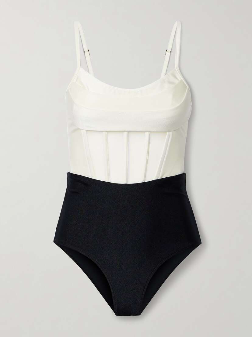 PatBo Draped Paneled Two-tone Stretch And Mesh Swimsuit