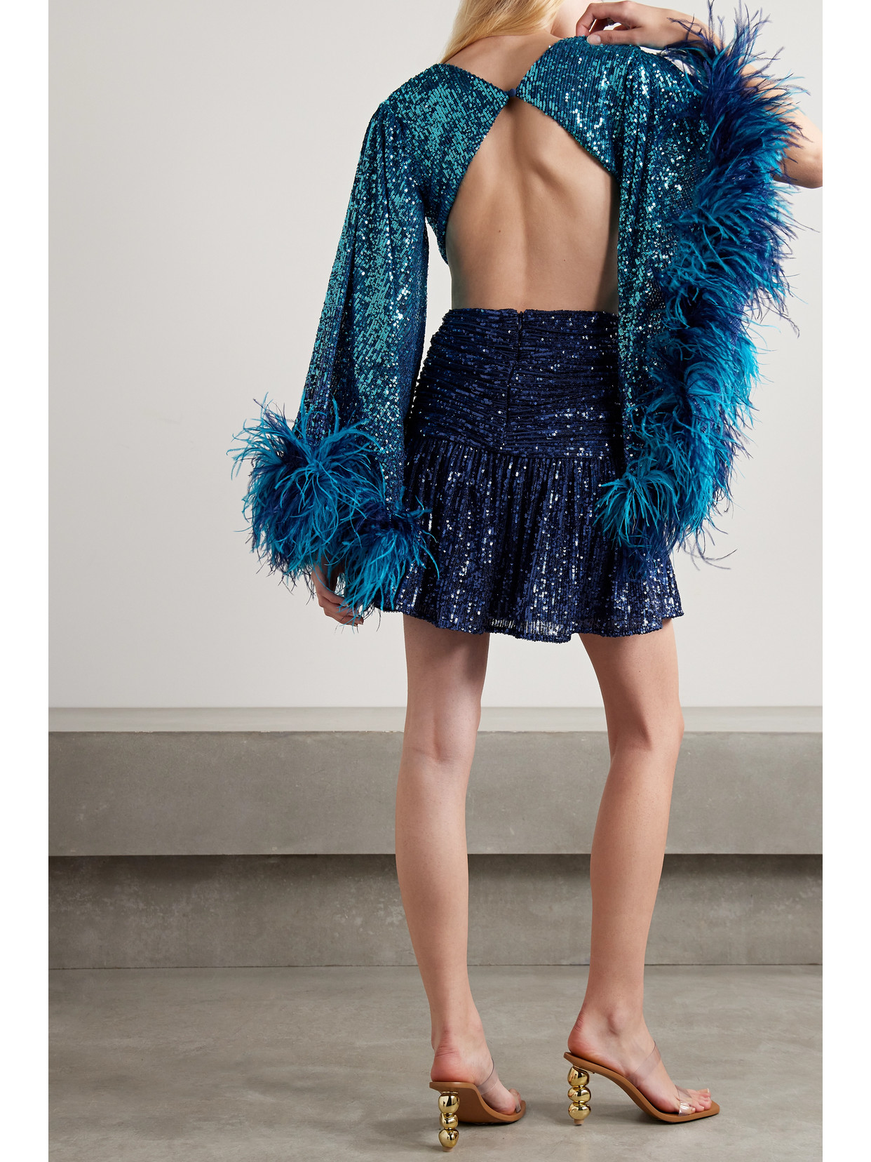 Shop Patbo + Alessandra Ambrosio Cutout Feather-trimmed Sequined Tulle Mini Dress In Blue