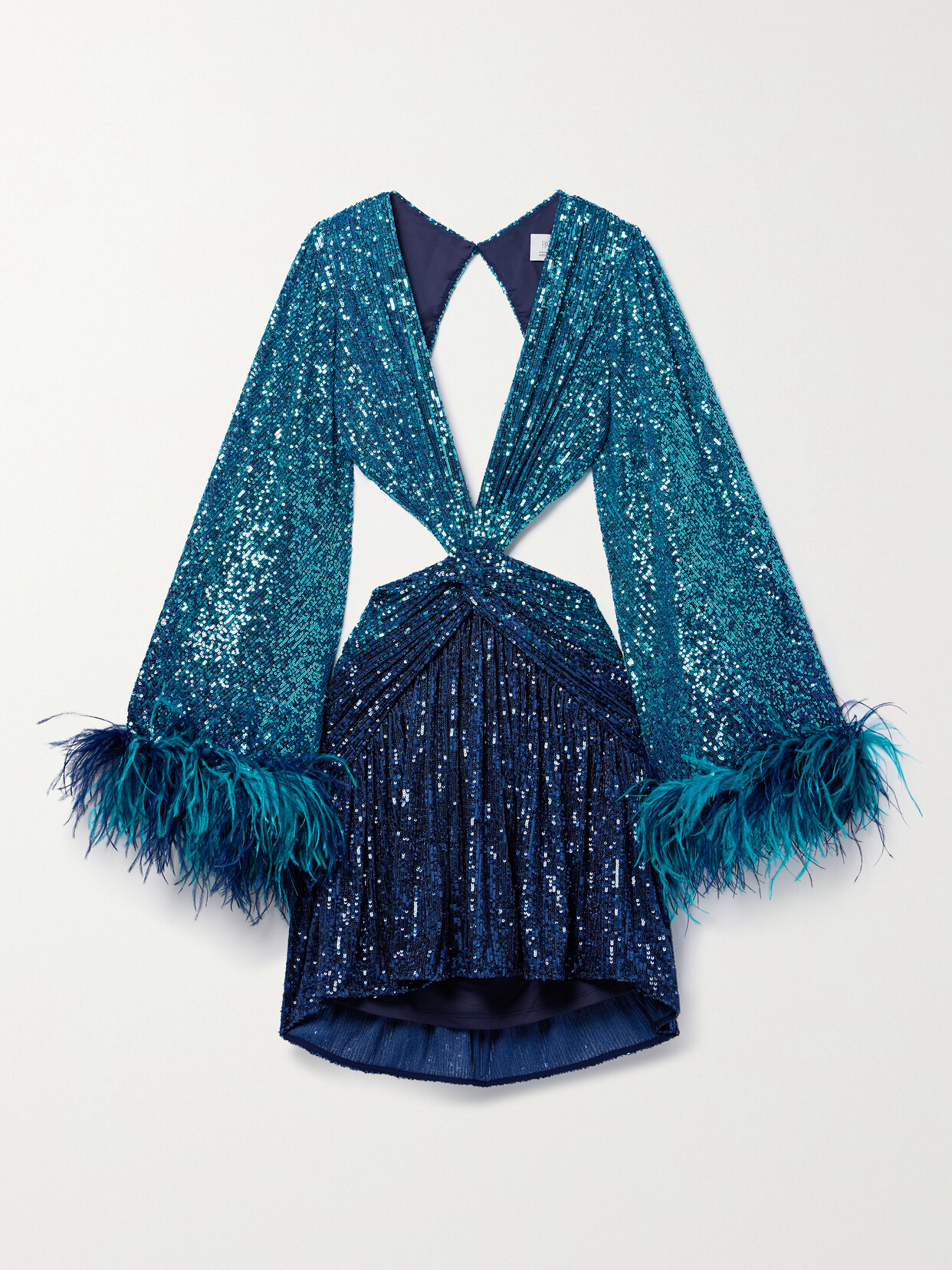 Shop Patbo + Alessandra Ambrosio Cutout Feather-trimmed Sequined Tulle Mini Dress In Blue