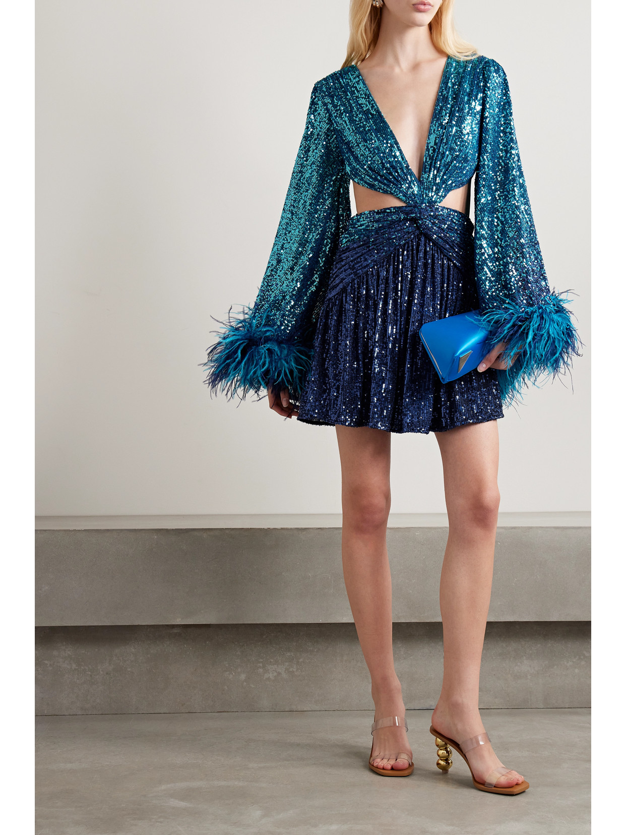 Shop Patbo + Alessandra Ambrosio Cutout Feather-trimmed Sequined Tulle Mini Dress In Blue