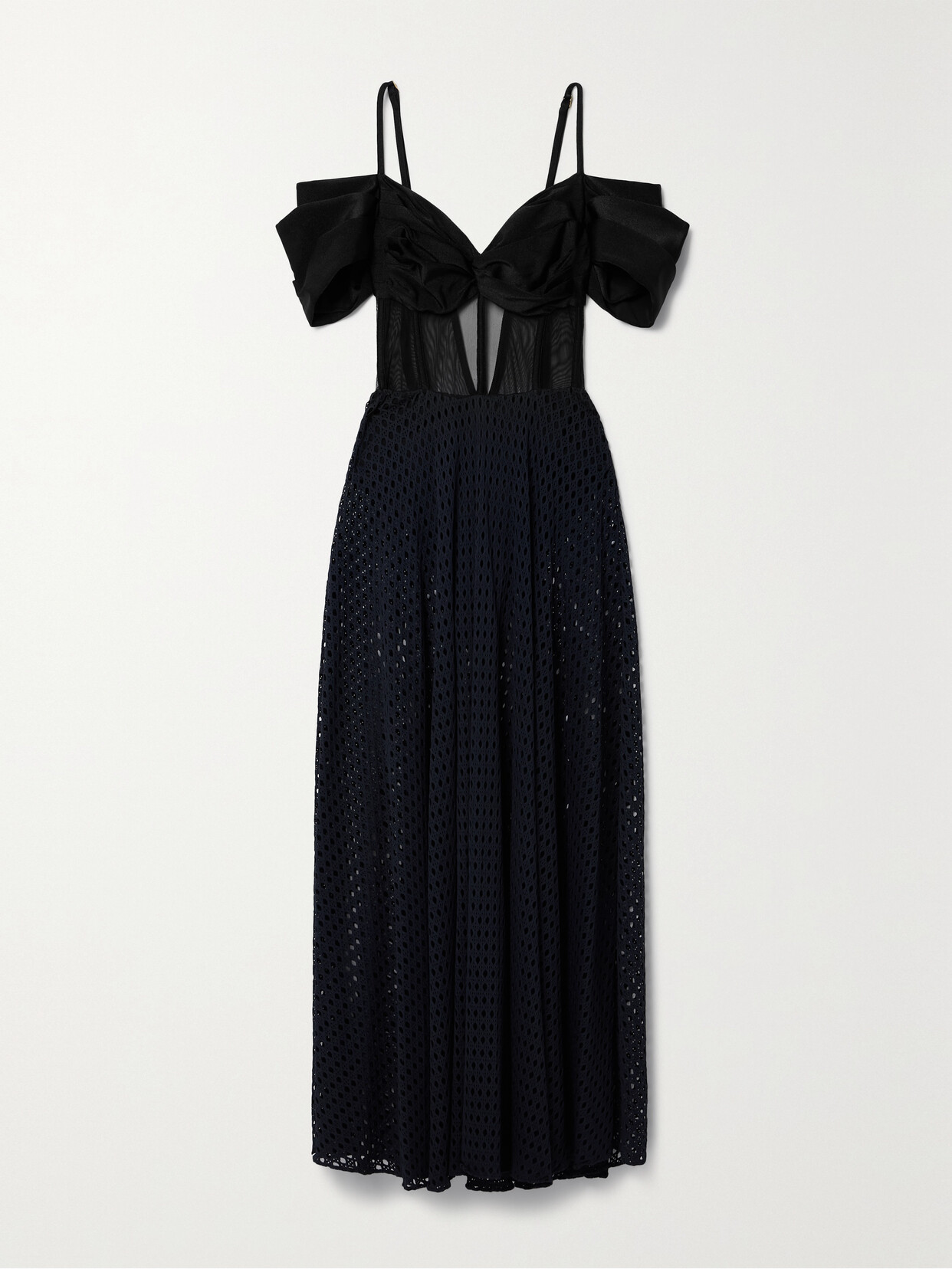 PatBO Cold-shoulder Satin, Mesh And Crochet Maxi Dress - Black