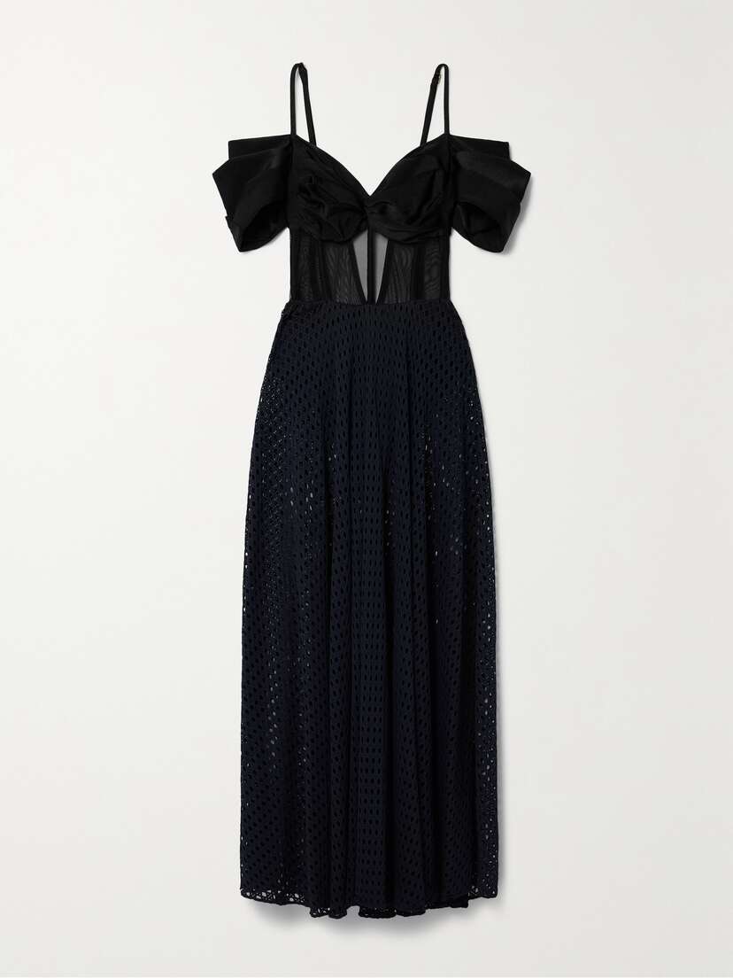 PatBO Cold-shoulder Satin, Mesh And Crochet Maxi Dress