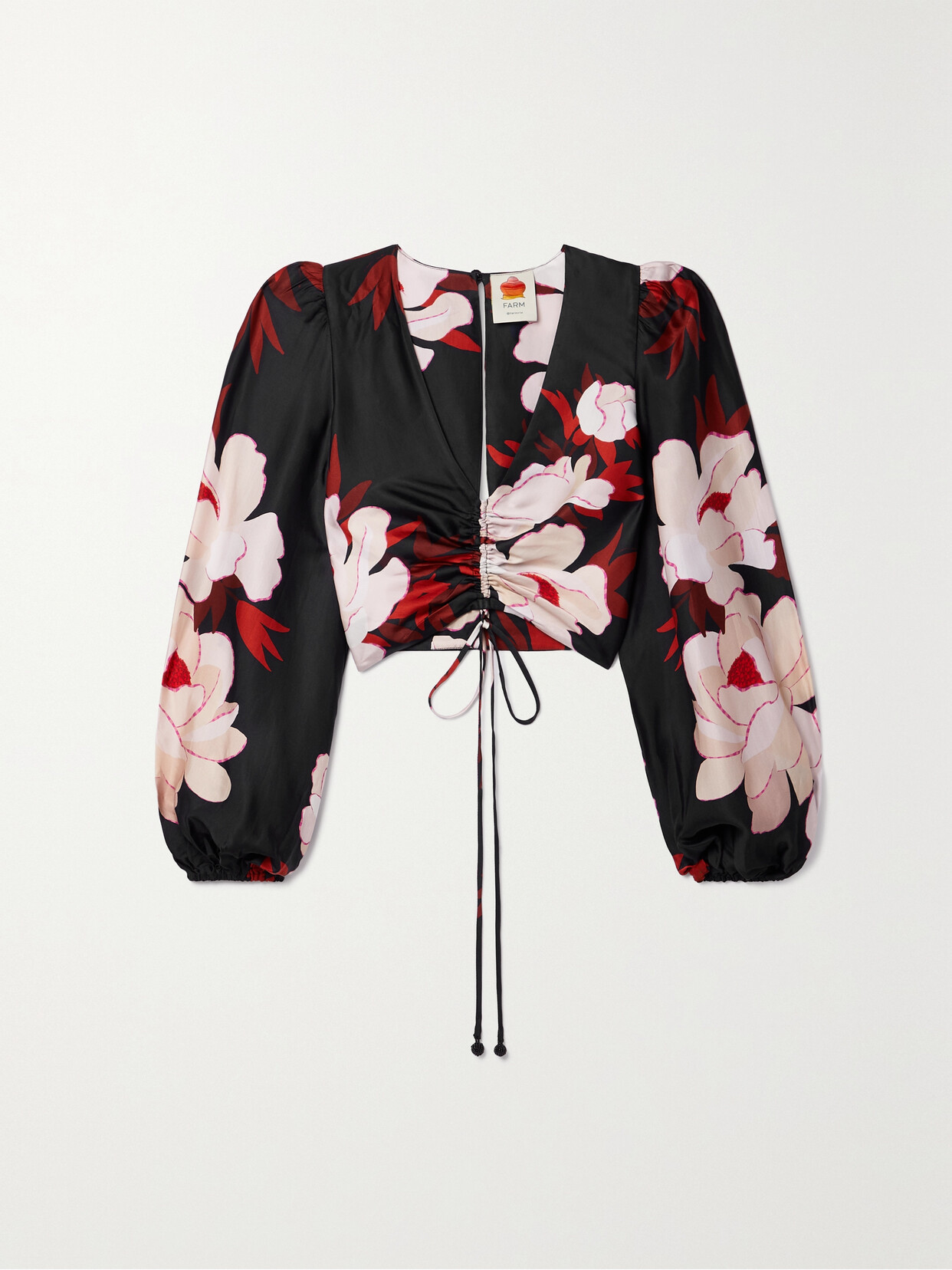 Shop Farm Rio Cropped Gathered Floral-print Duchesse-satin Blouse In Black