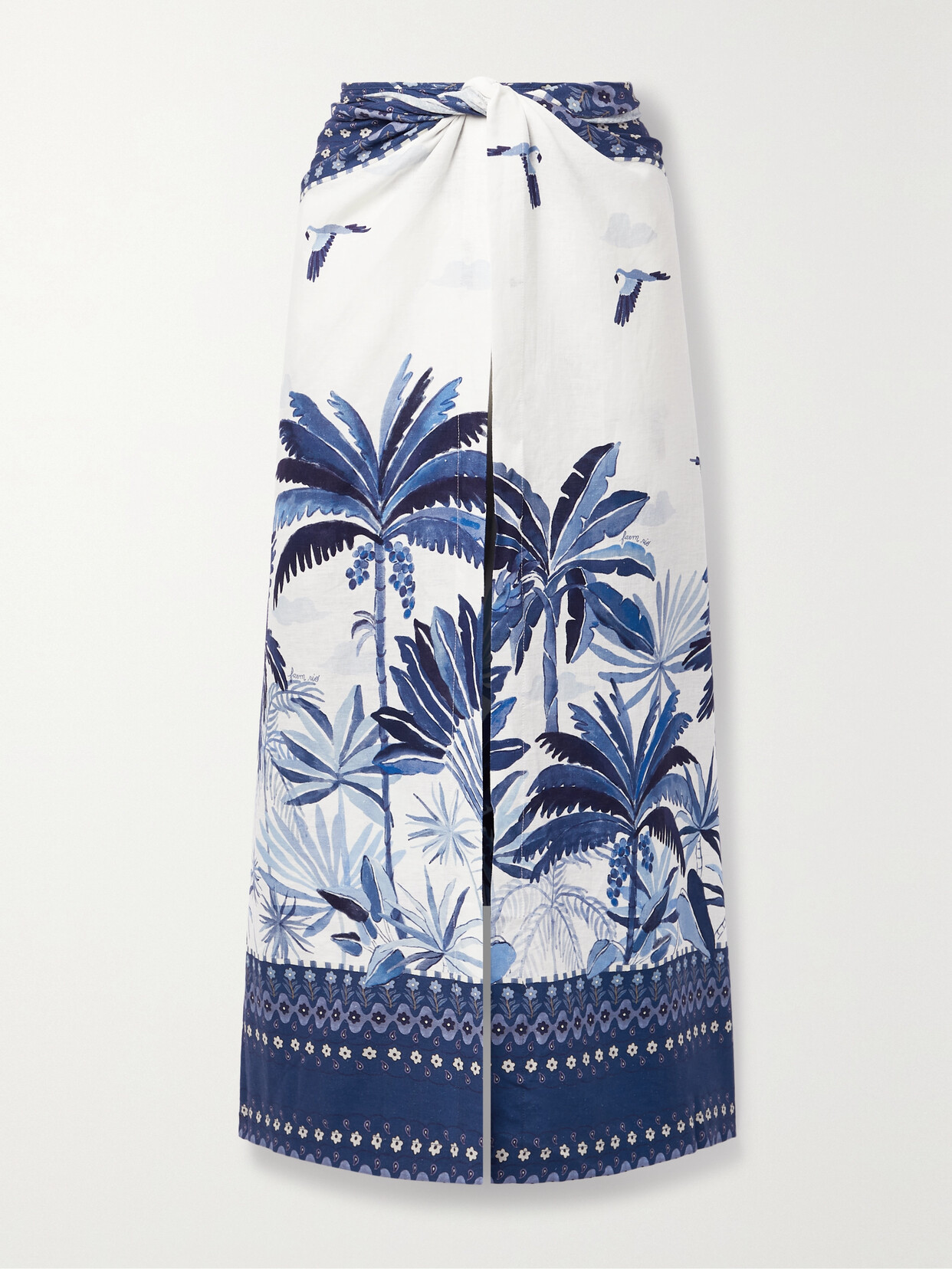 Farm Rio Convertible Cropped Printed Linen-blend Wide-leg Pants In Blue