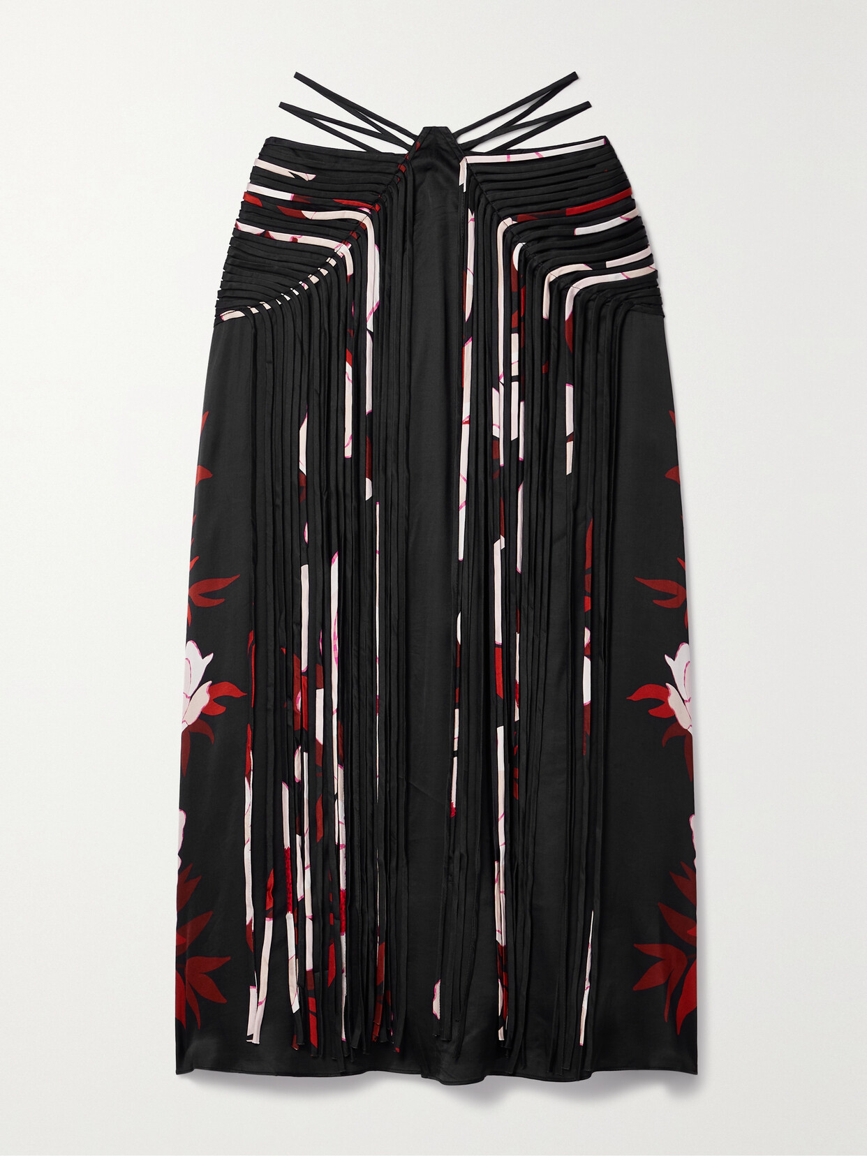 Farm Rio - Fringed Floral-print Satin Midi Skirt - Black