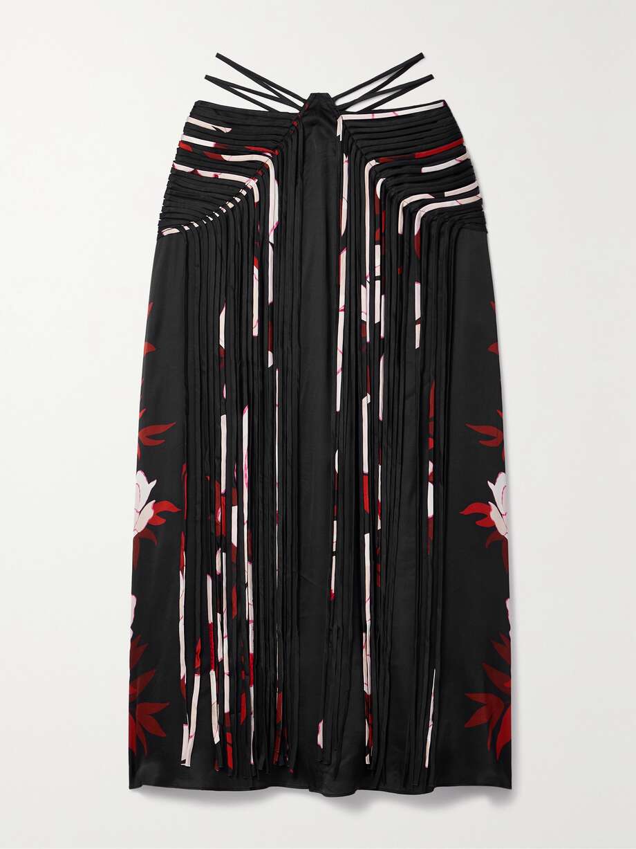 There's so much to admire about Farm Rio's midi skirt - it's overlaid with swishy fringe that creates beautiful movement and texture. It's made from satin printed with the same blown-up peonies as the coordinating blouse in our edit.
