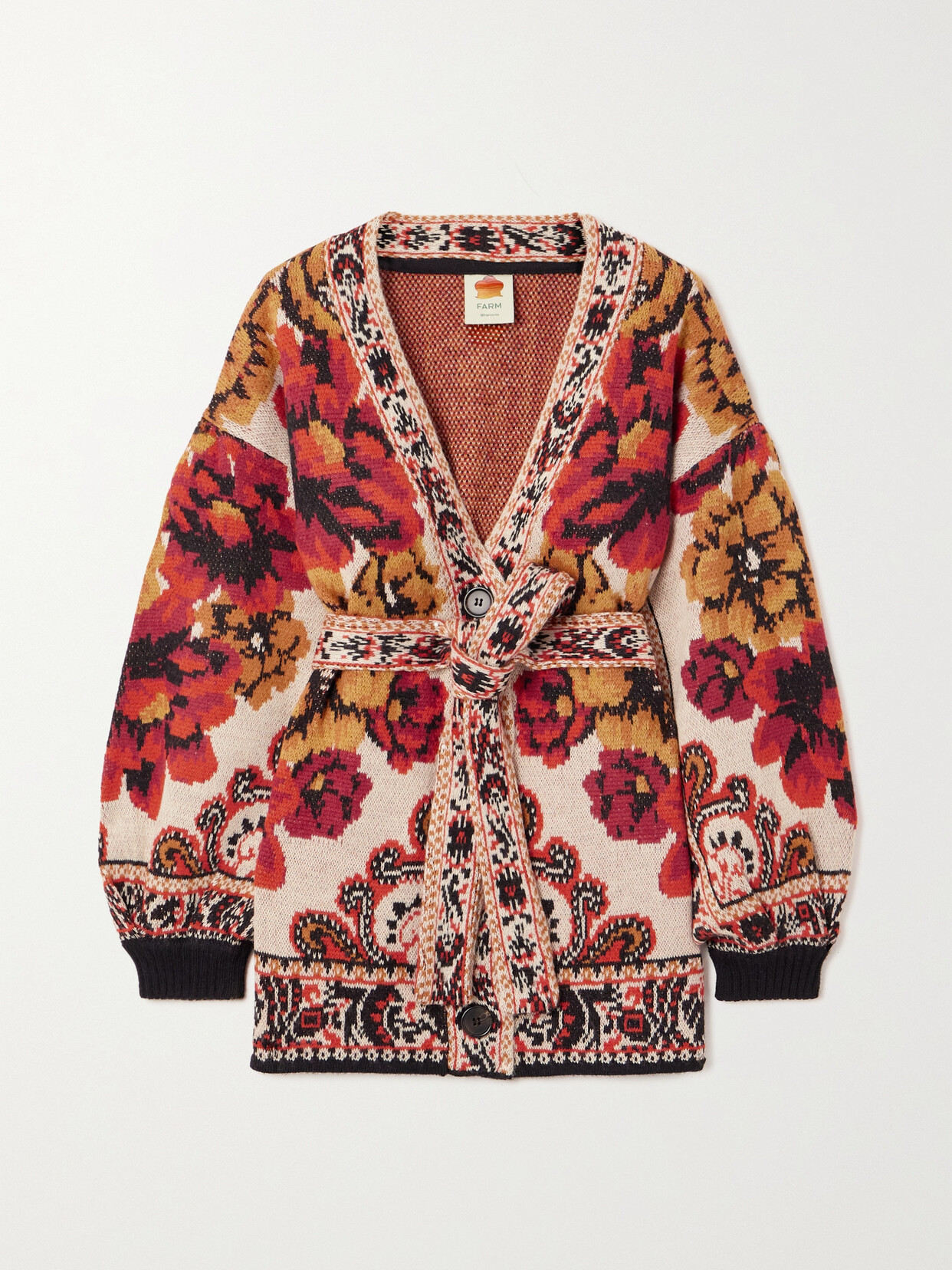 Farm Rio - Belted Jacquard-knit Cardigan - Red