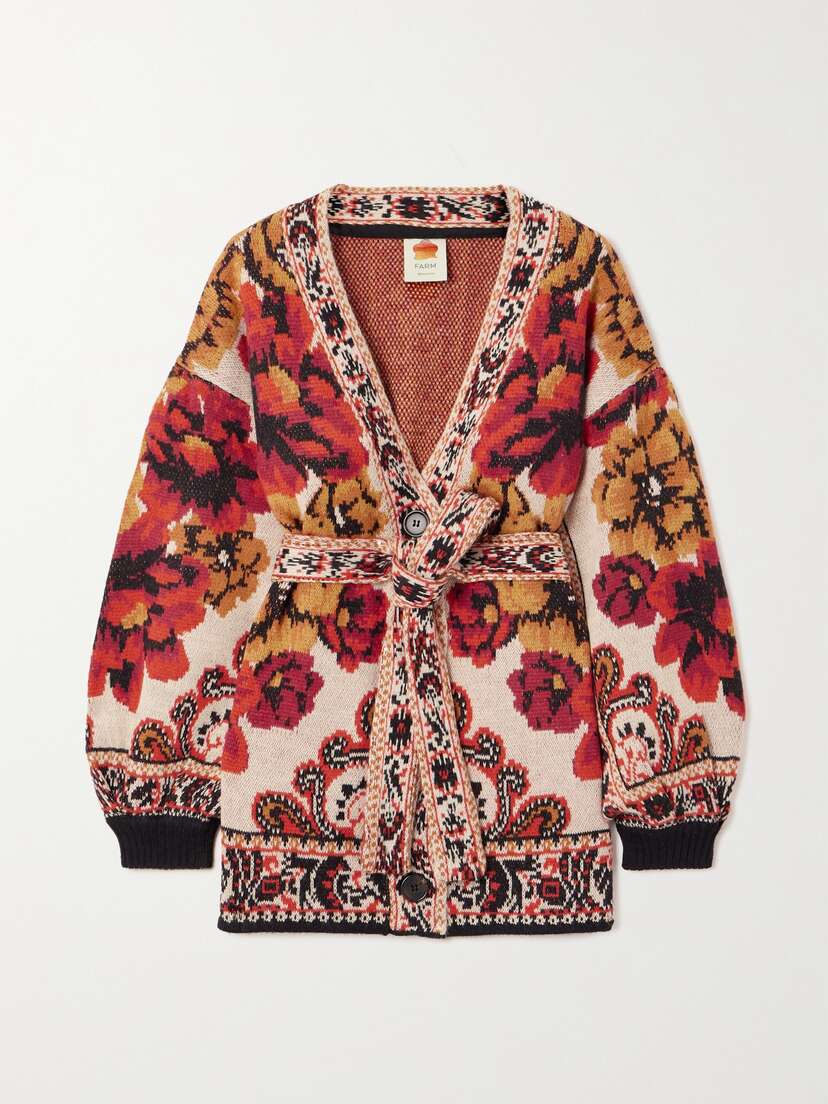 Farm Rio Belted Jacquard-knit Cardigan - x large