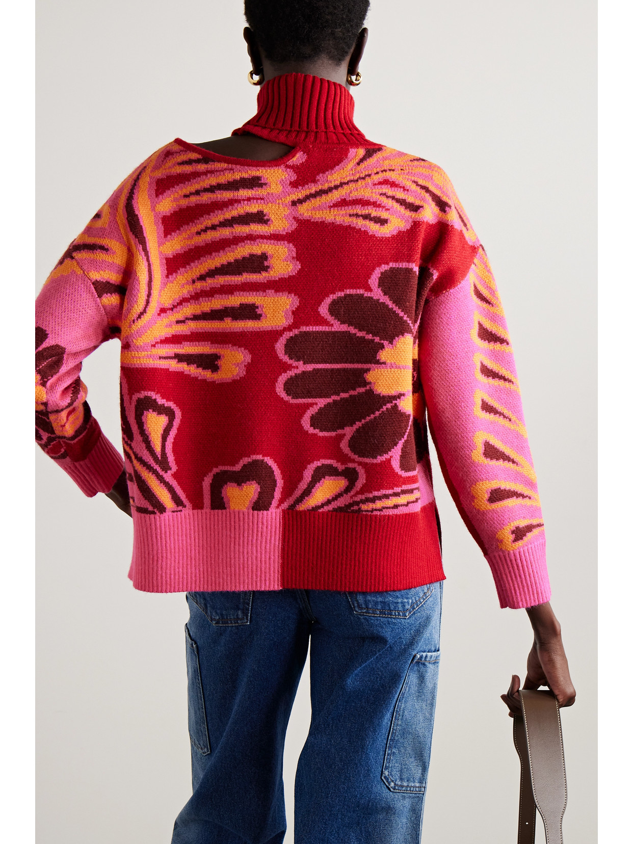 Shop Farm Rio Cutout Intarsia-knit Turtleneck Sweater In Pink