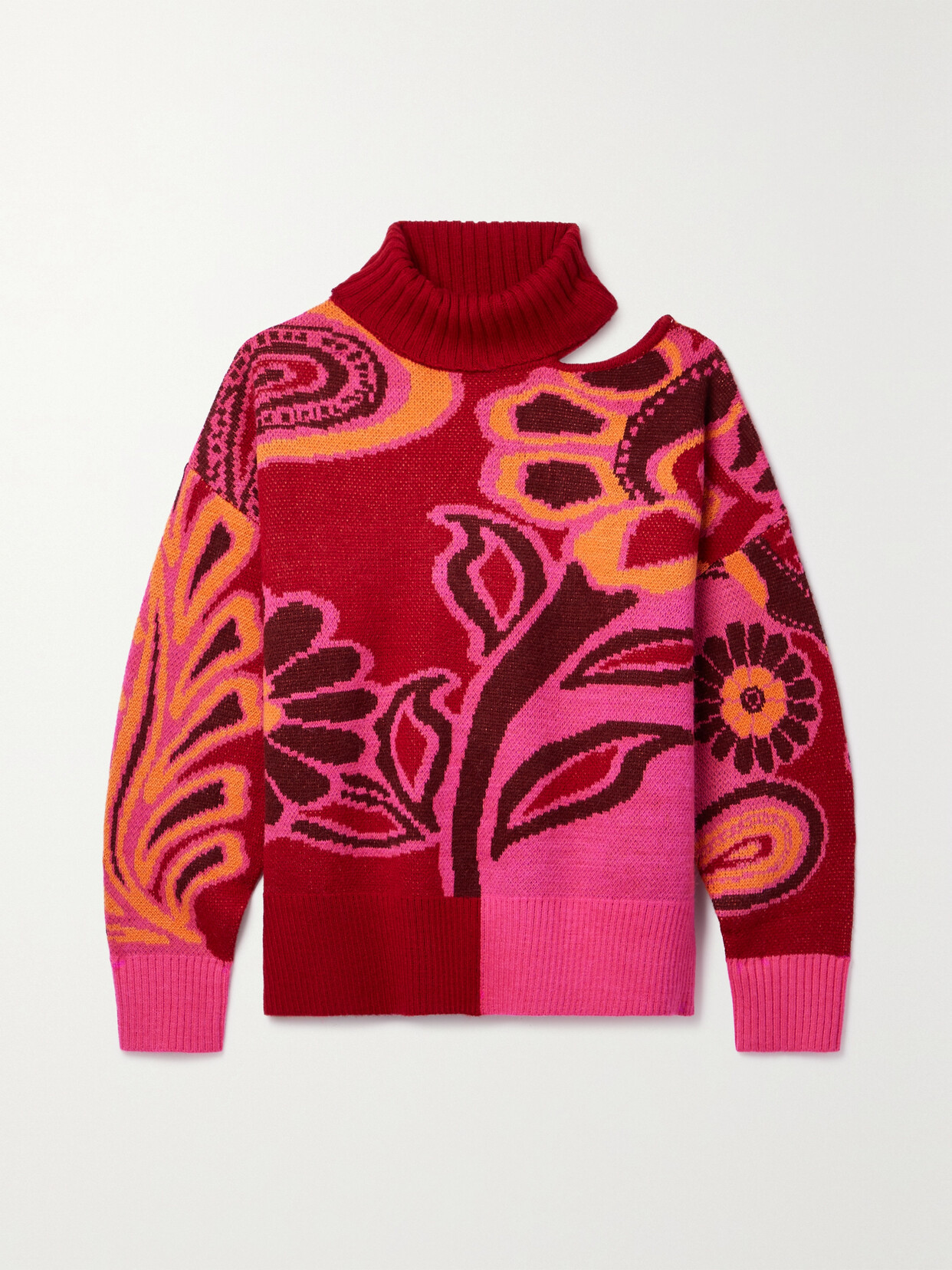 Farm Rio Cutout Intarsia-knit Turtleneck Sweater In Pink