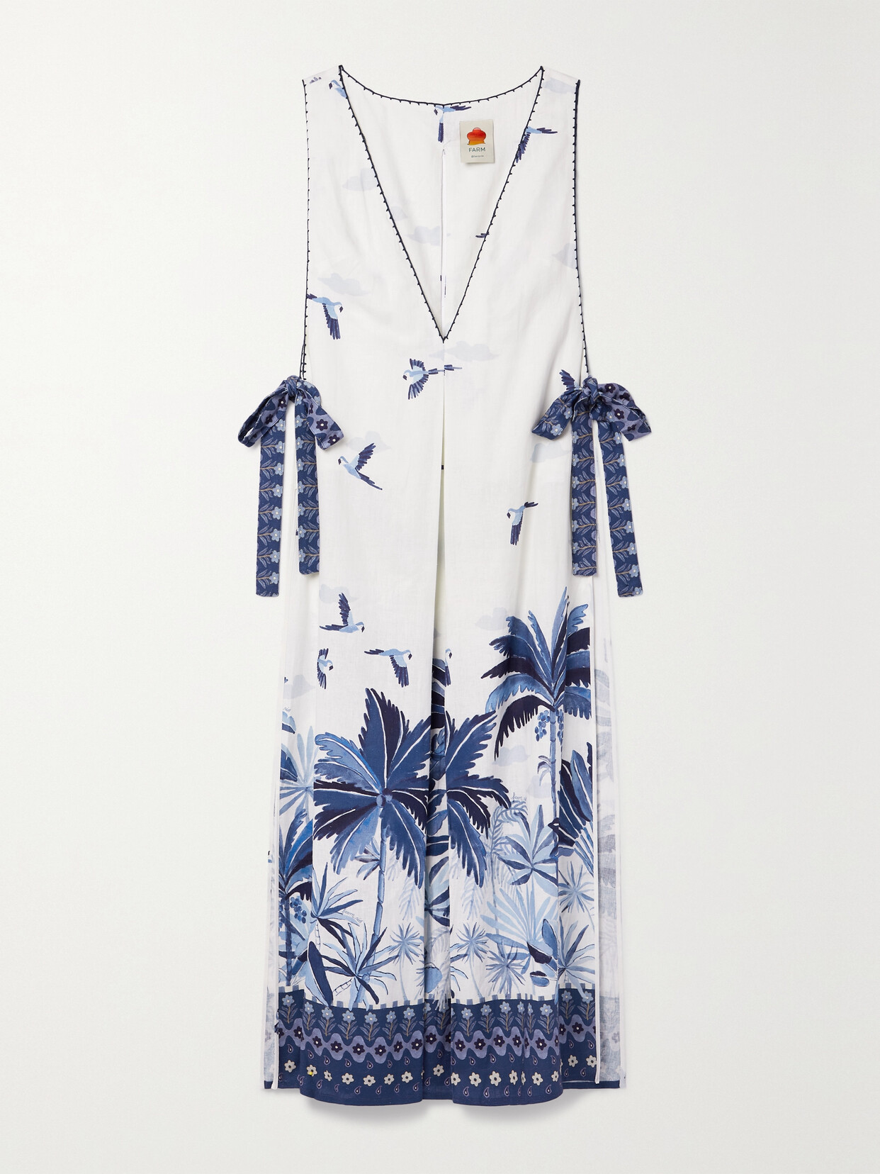 Farm Rio Cutout Printed Linen-blend Maxi Dress In Blue