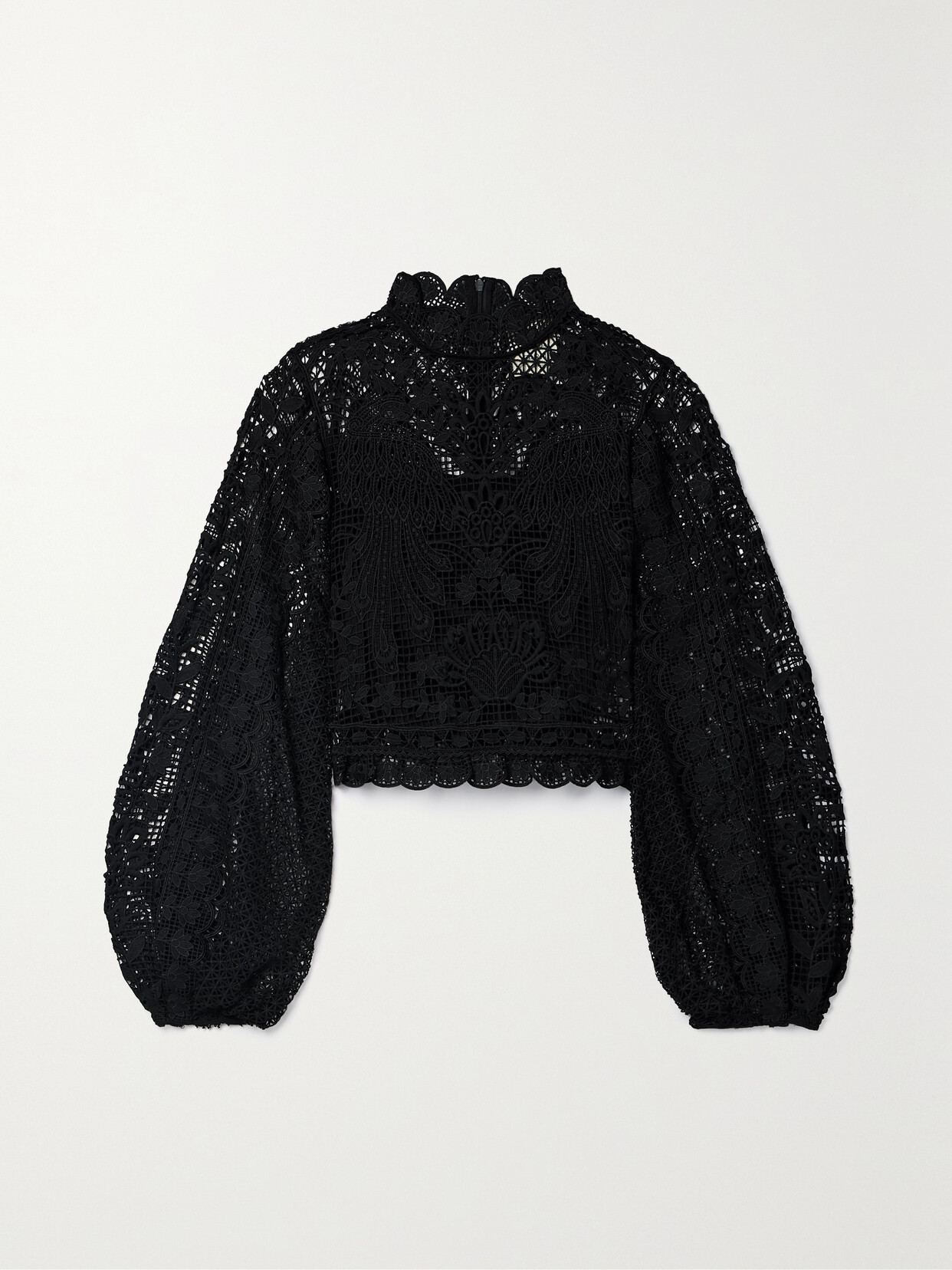 Farm Rio Cropped Guipure Lace Blouse - Black
