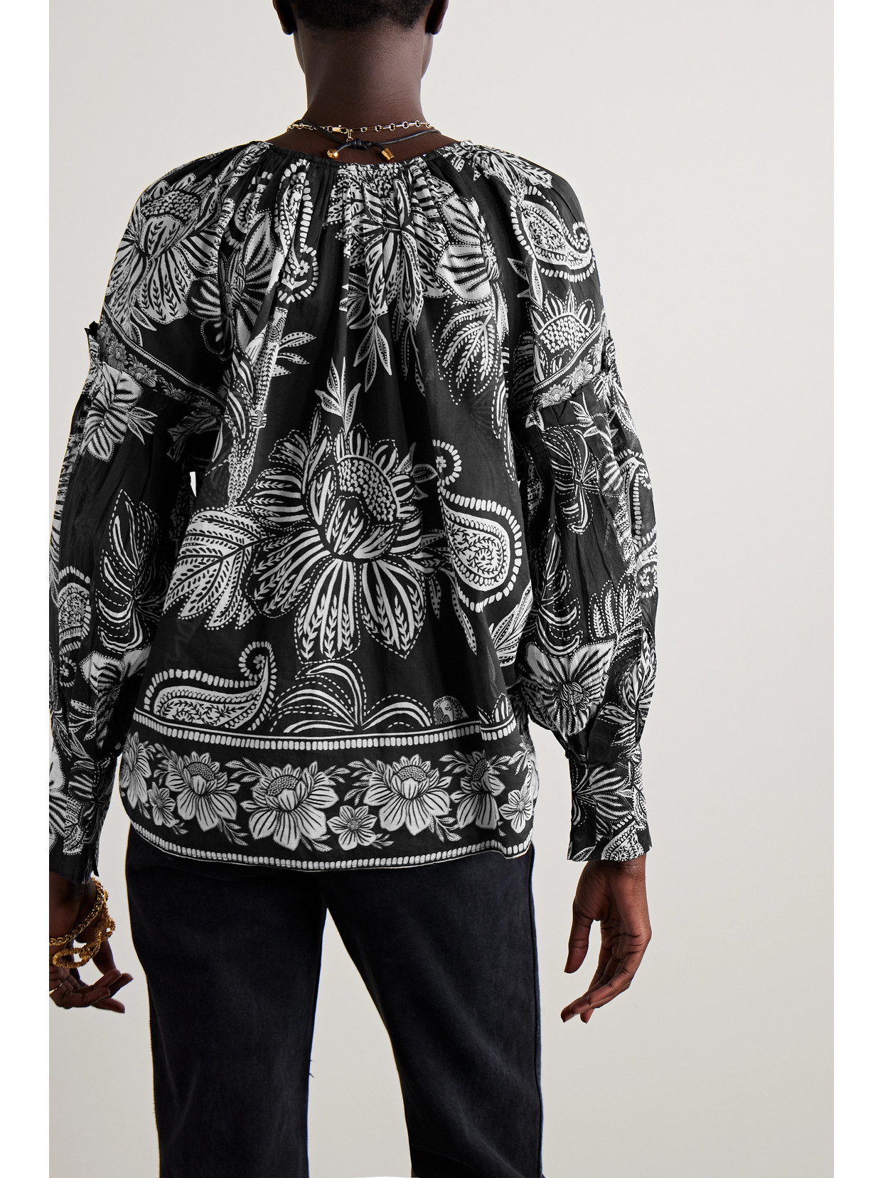 Farm Rio Paisley Bloom Cotton Trapeze Top In Black