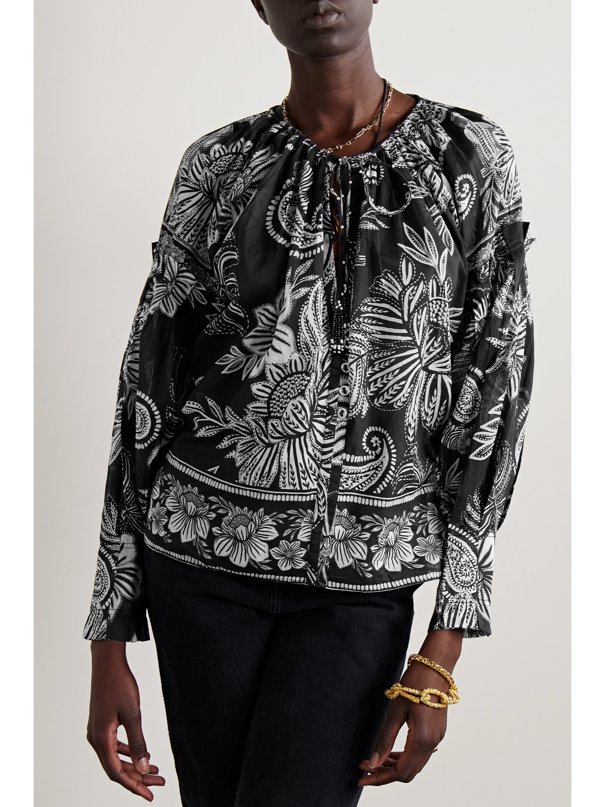 Farm Rio Paisley Bloom Cotton Trapeze Top In Black